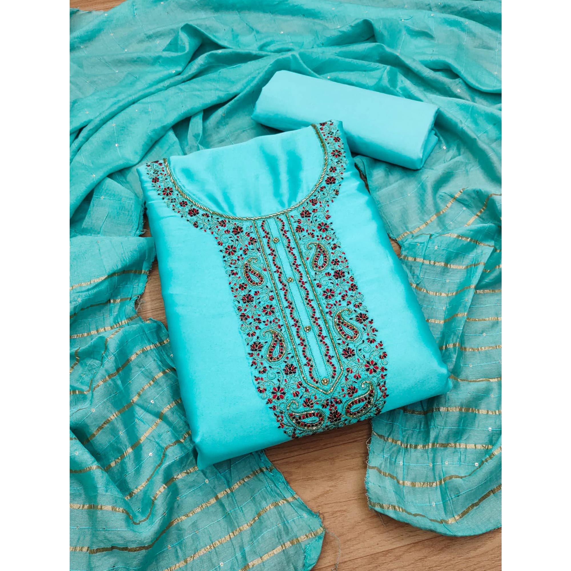 Blue Embroidered Cotton Blend Dress Material