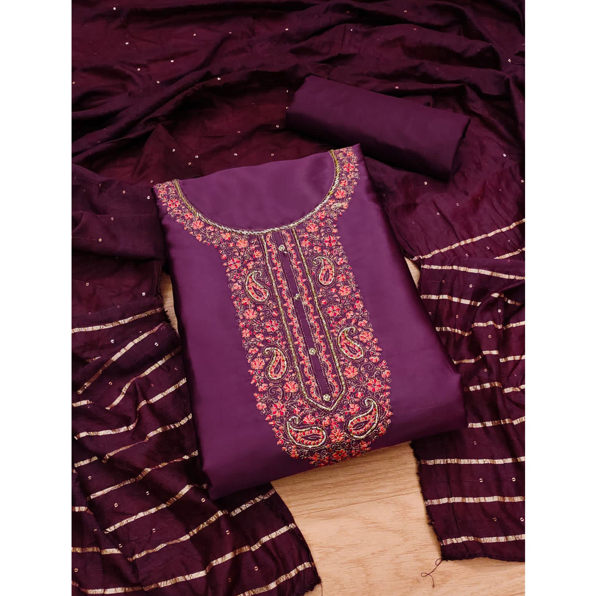 Wine Embroidered Cotton Blend Dress Material