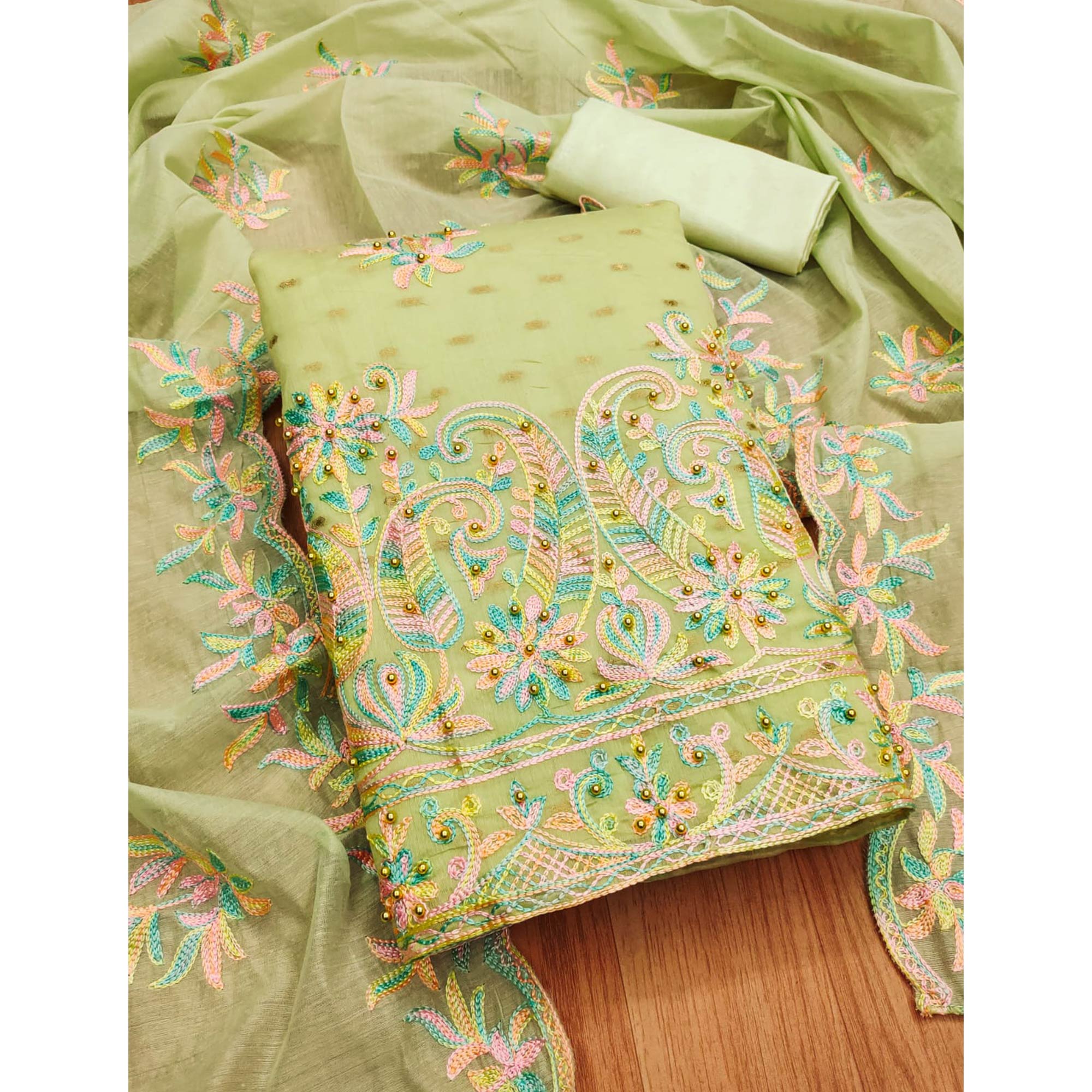 Green Floral Embroidered Chanderi Dress Material