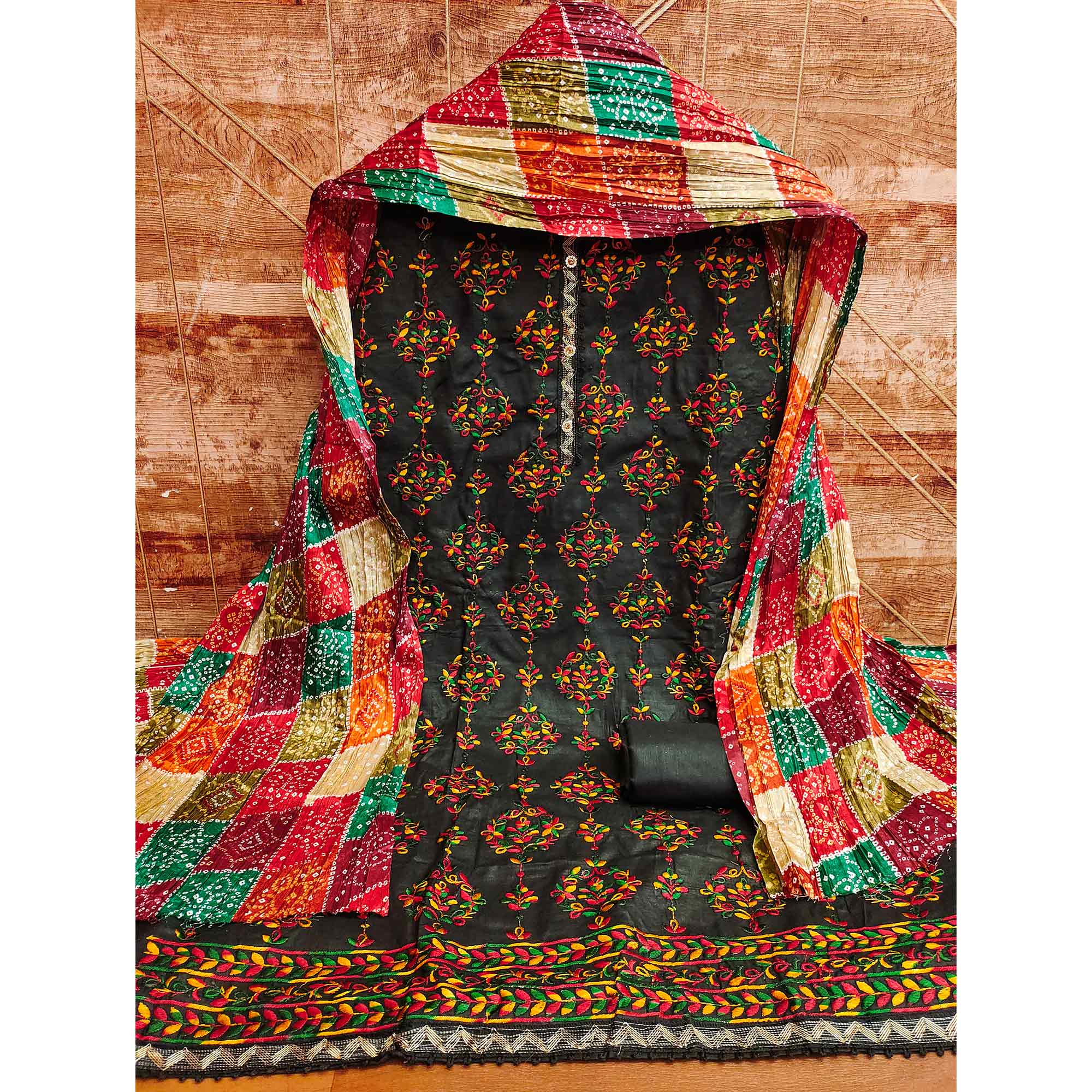 Black Floral Embroidered Cotton Blend Dress Material