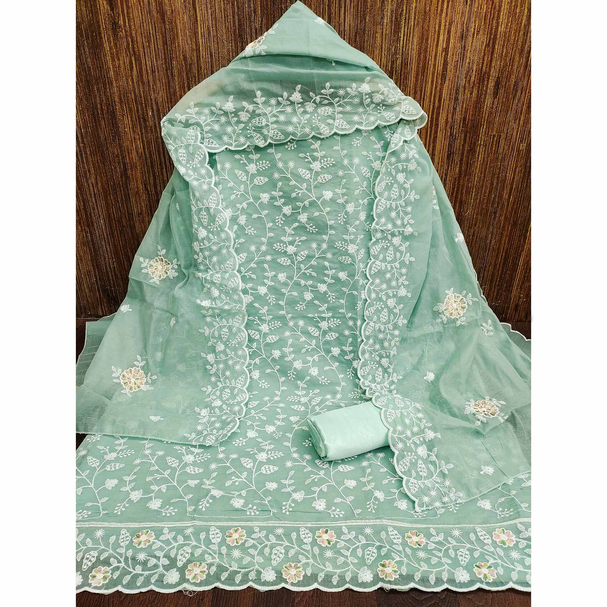 Sea Green Floral Embroidered Chanderi Dress Material