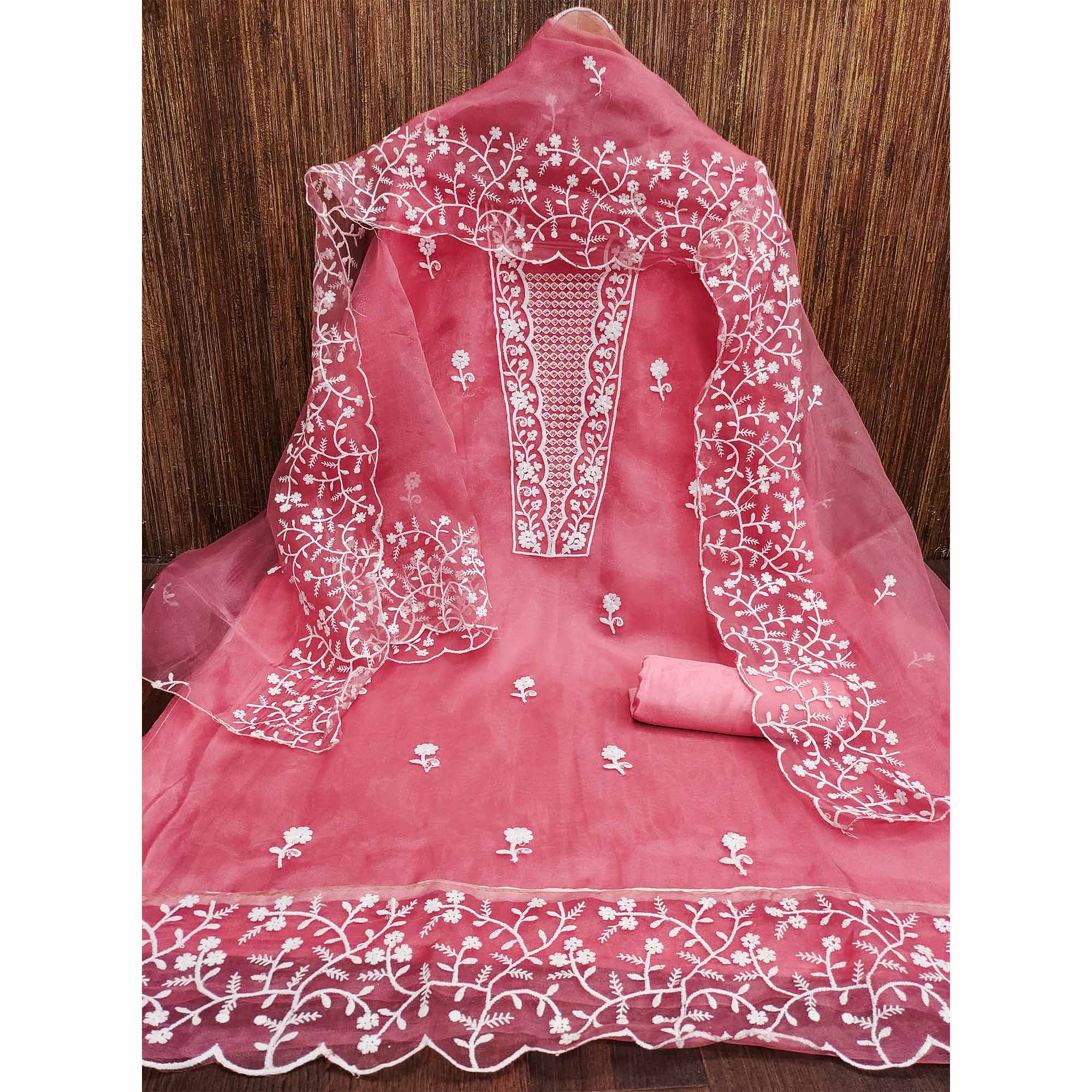 Pink Floral Embroidered Organza Dress Material