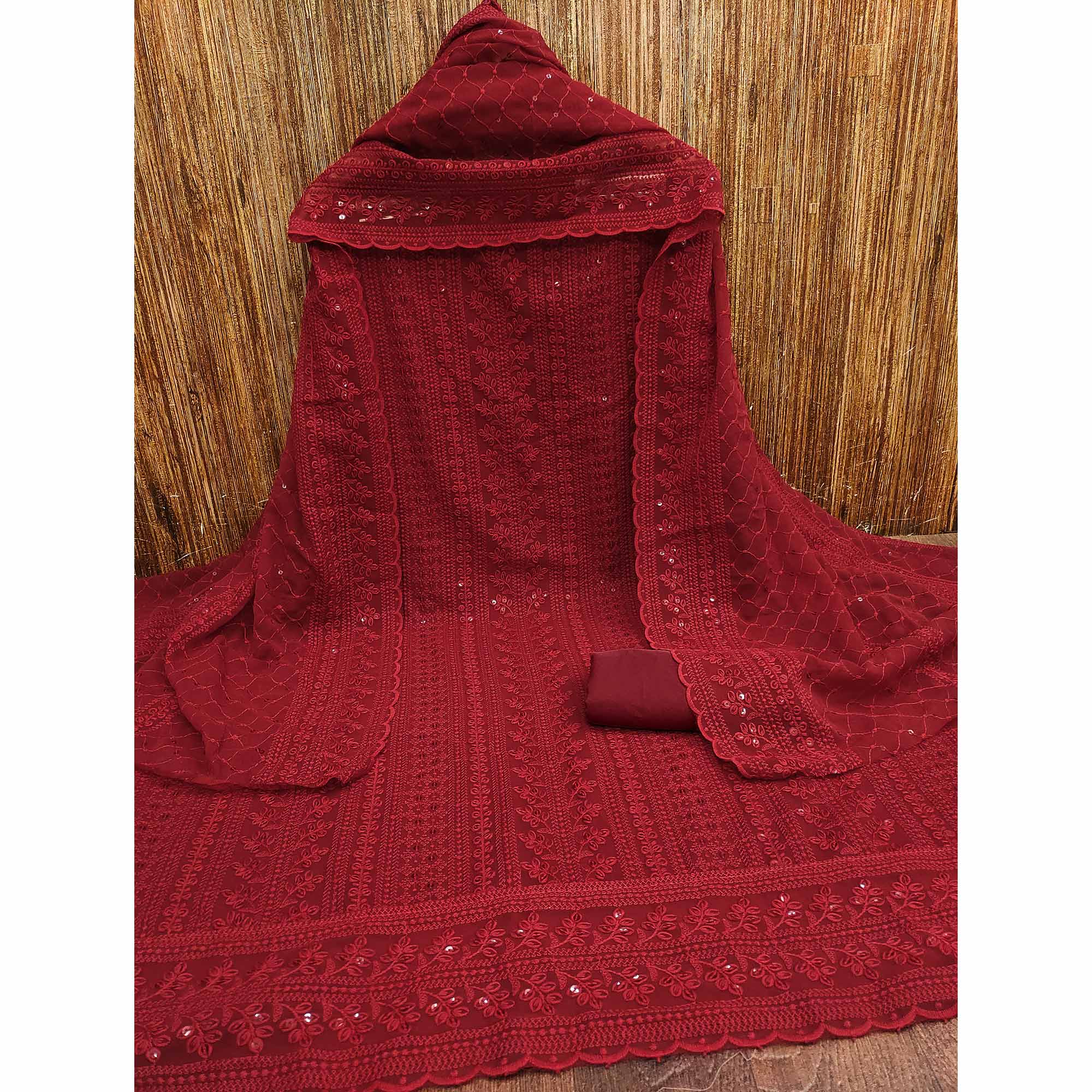 Maroon Lucknowi Embroidered Georgette Dress Material