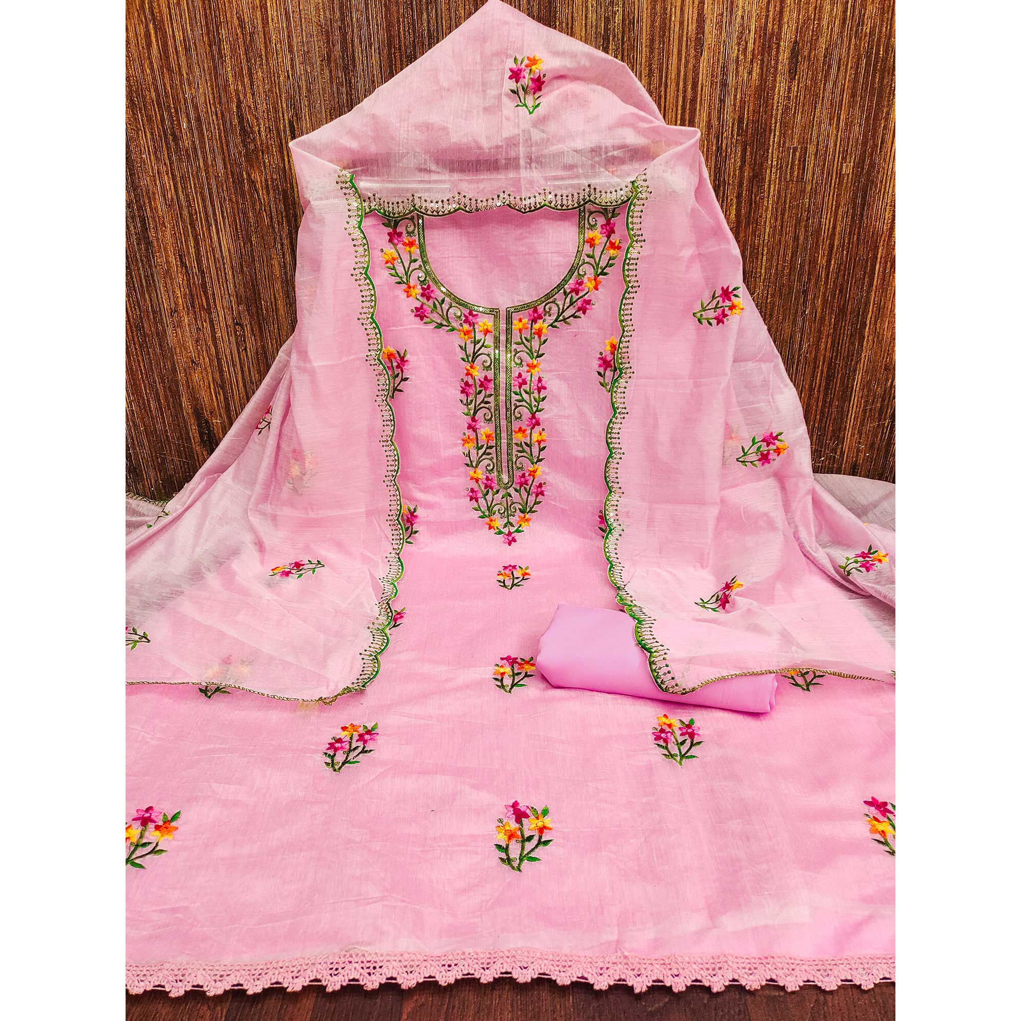 Pink Floral Embroidered Chanderi Dress Material