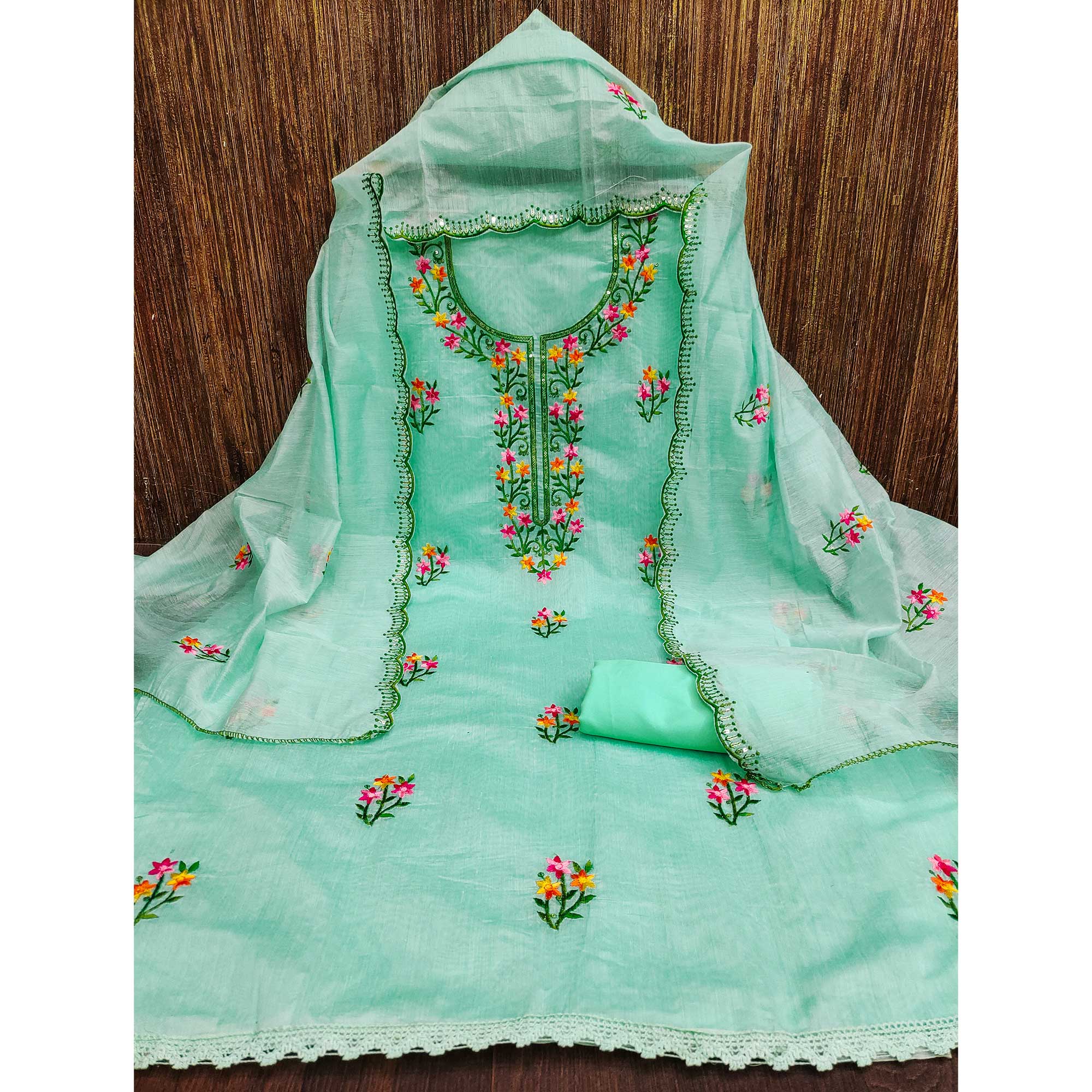 Turquoise Floral Embroidered Chanderi Dress Material