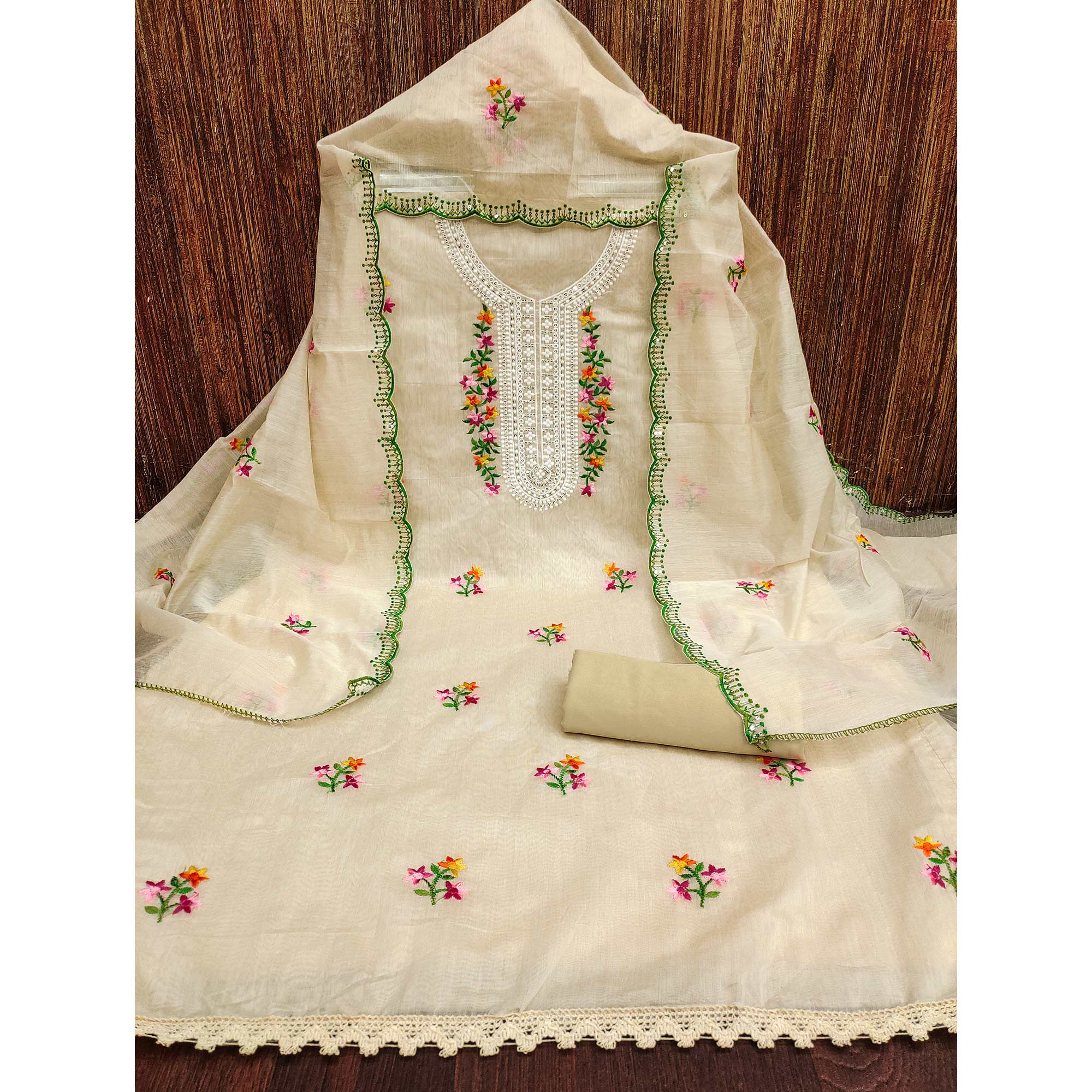 Cream Floral Embroidered Chanderi Dress Material