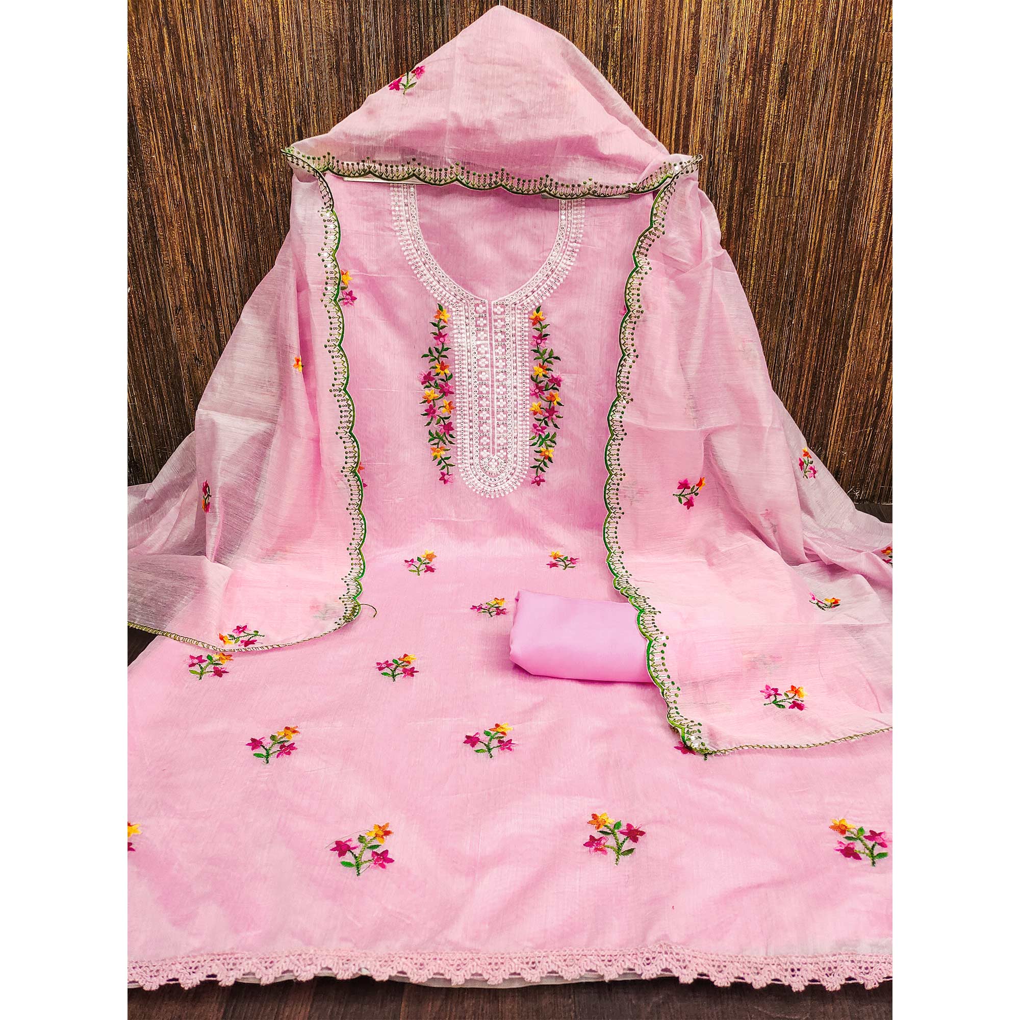 Pink Floral Embroidered Chanderi Dress Material