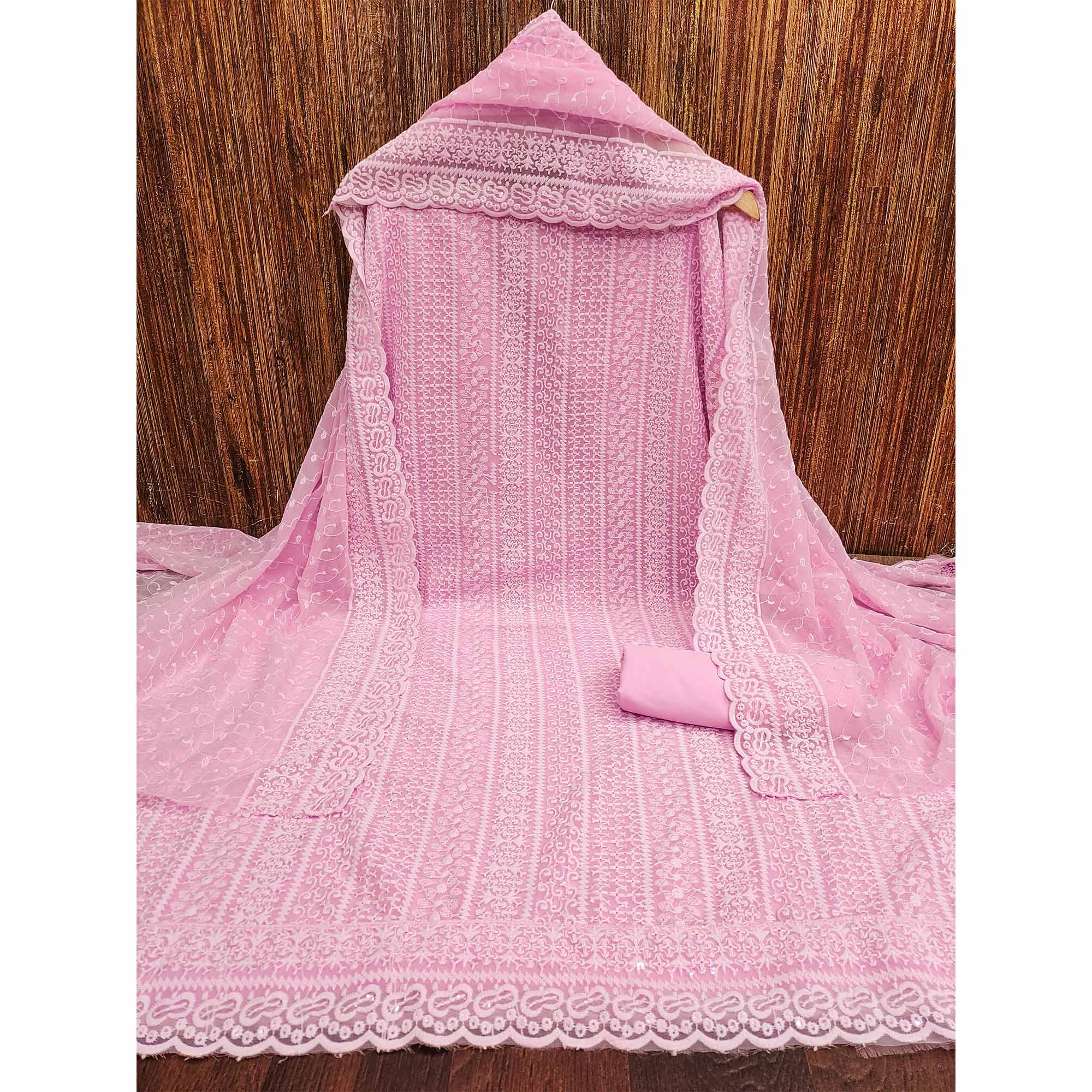 Pink Embroidered Georgette Dress Material