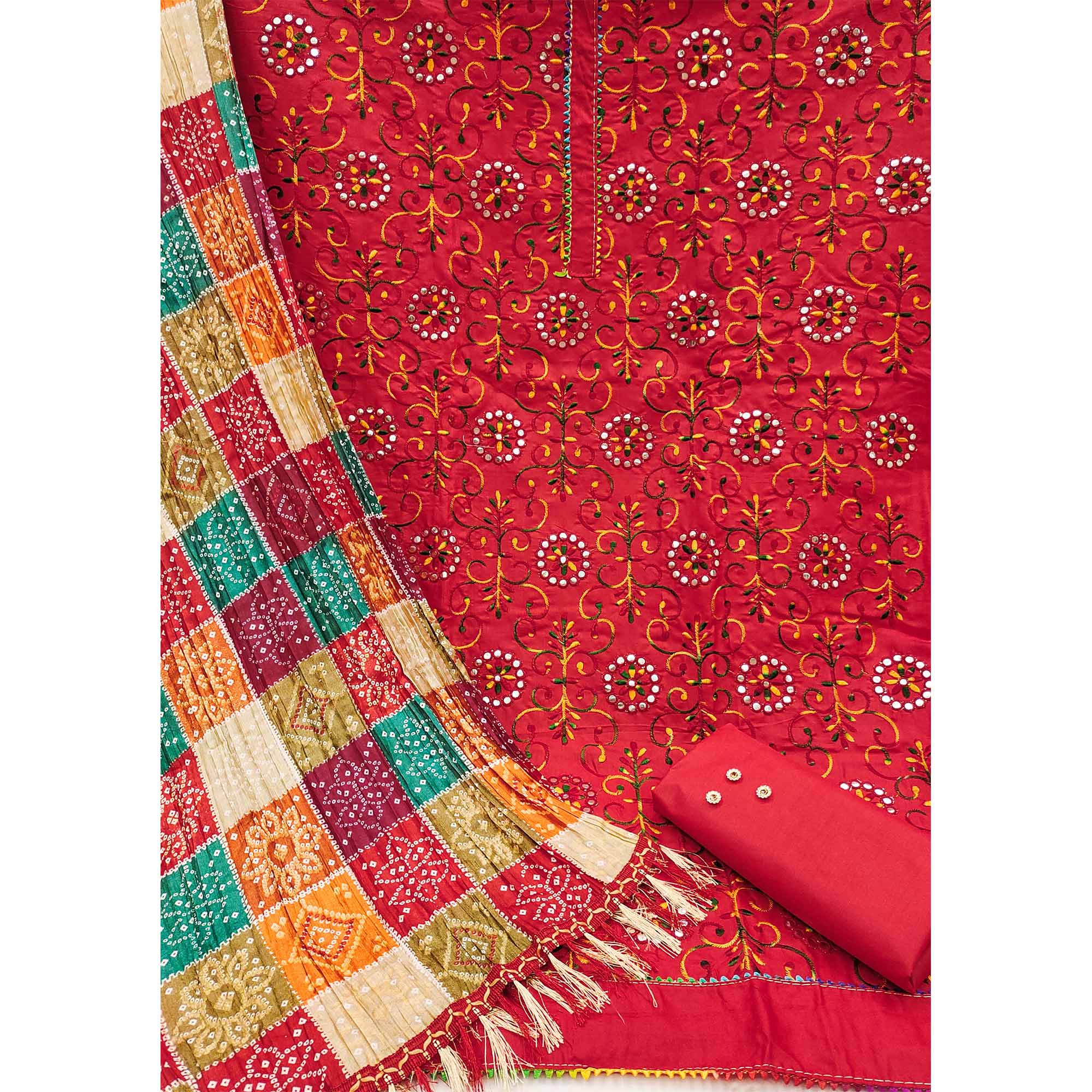 Red Floral Embroidered Cotton Blend Dress Material