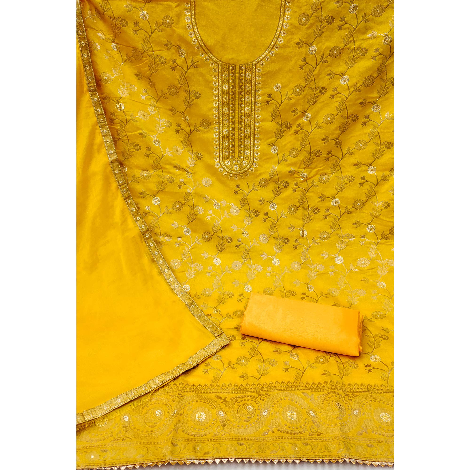 Yellow Floral Woven Jacquard Dress Material