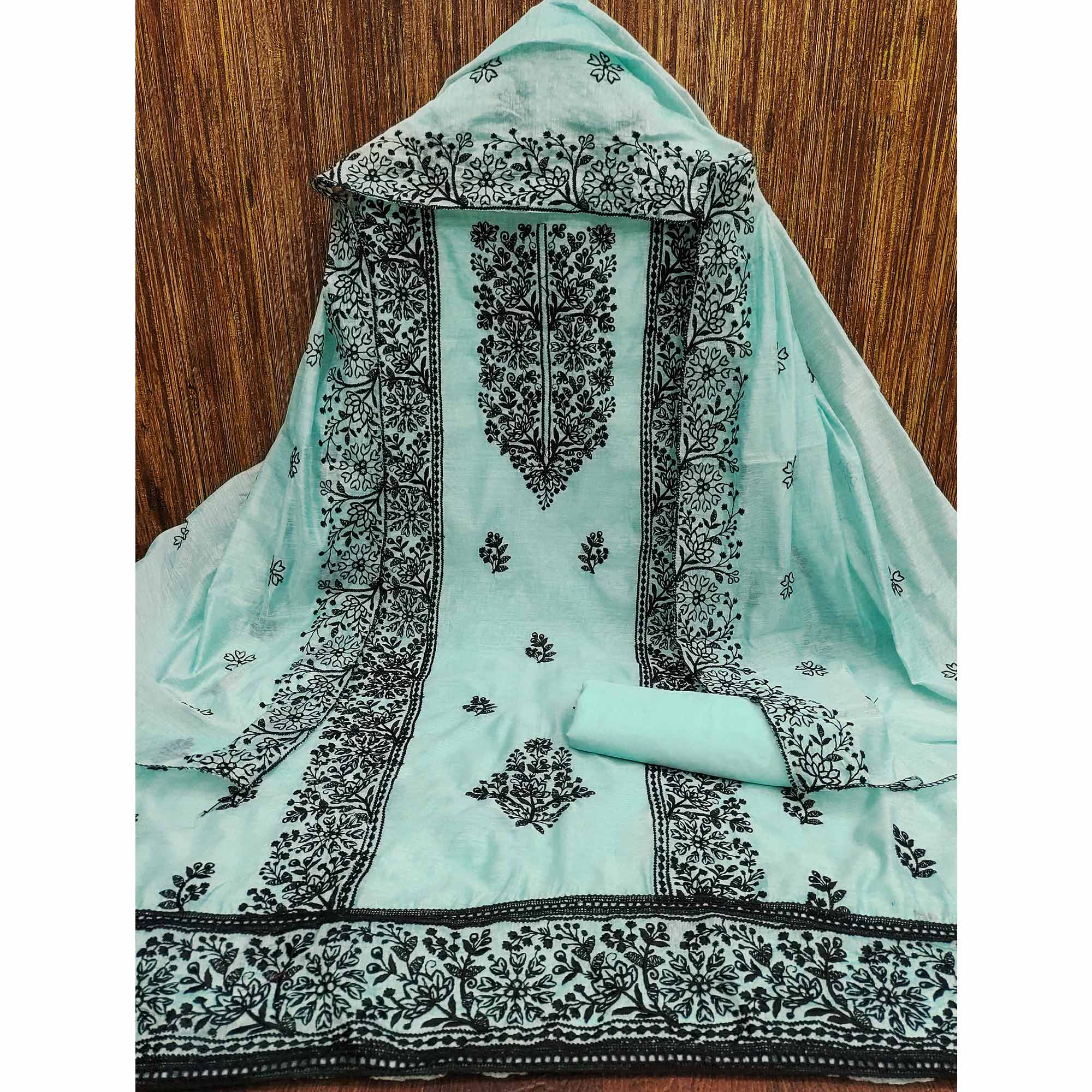 Blue Floral Embroidered Chanderi Dress Material