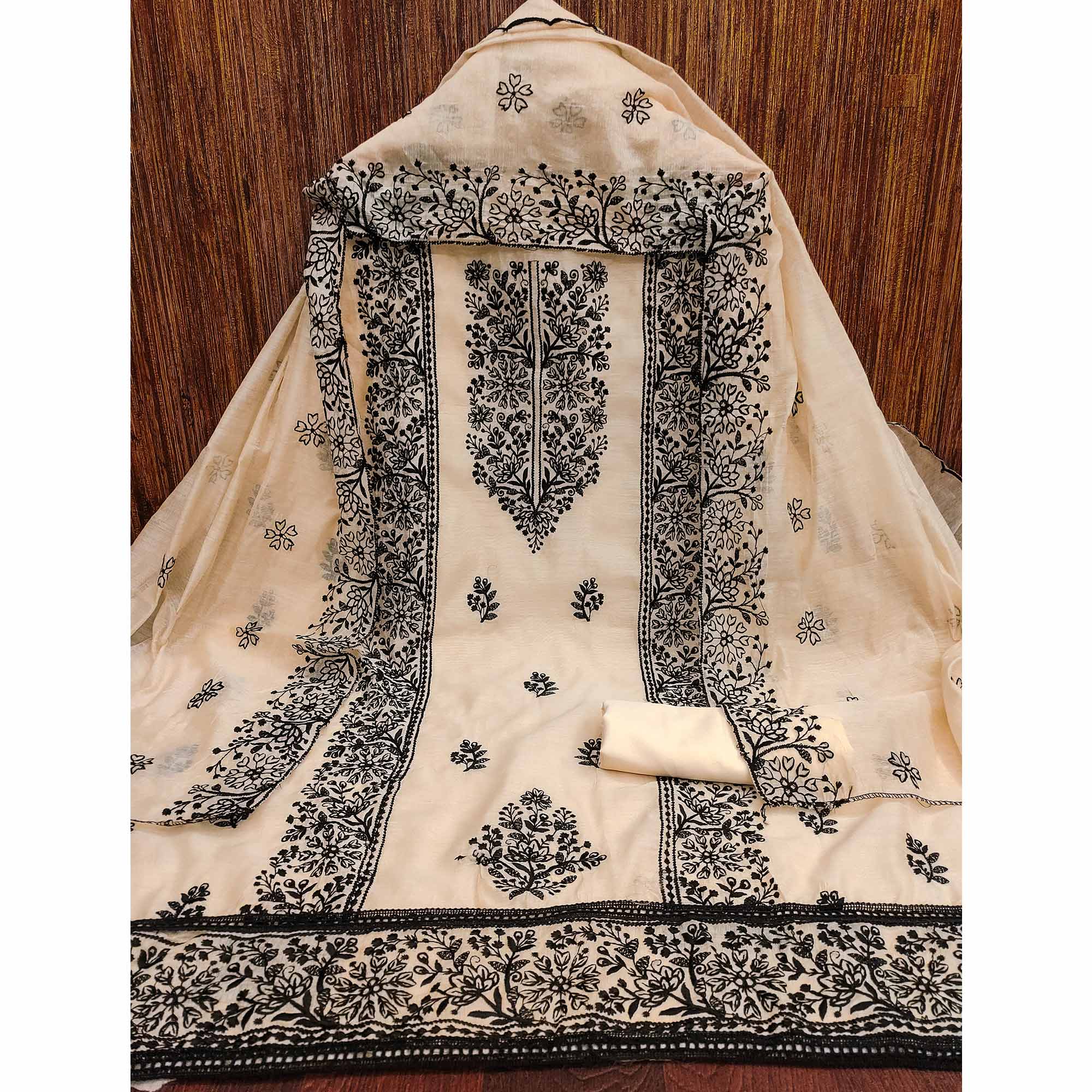 Cream Floral Embroidered Chanderi Dress Material