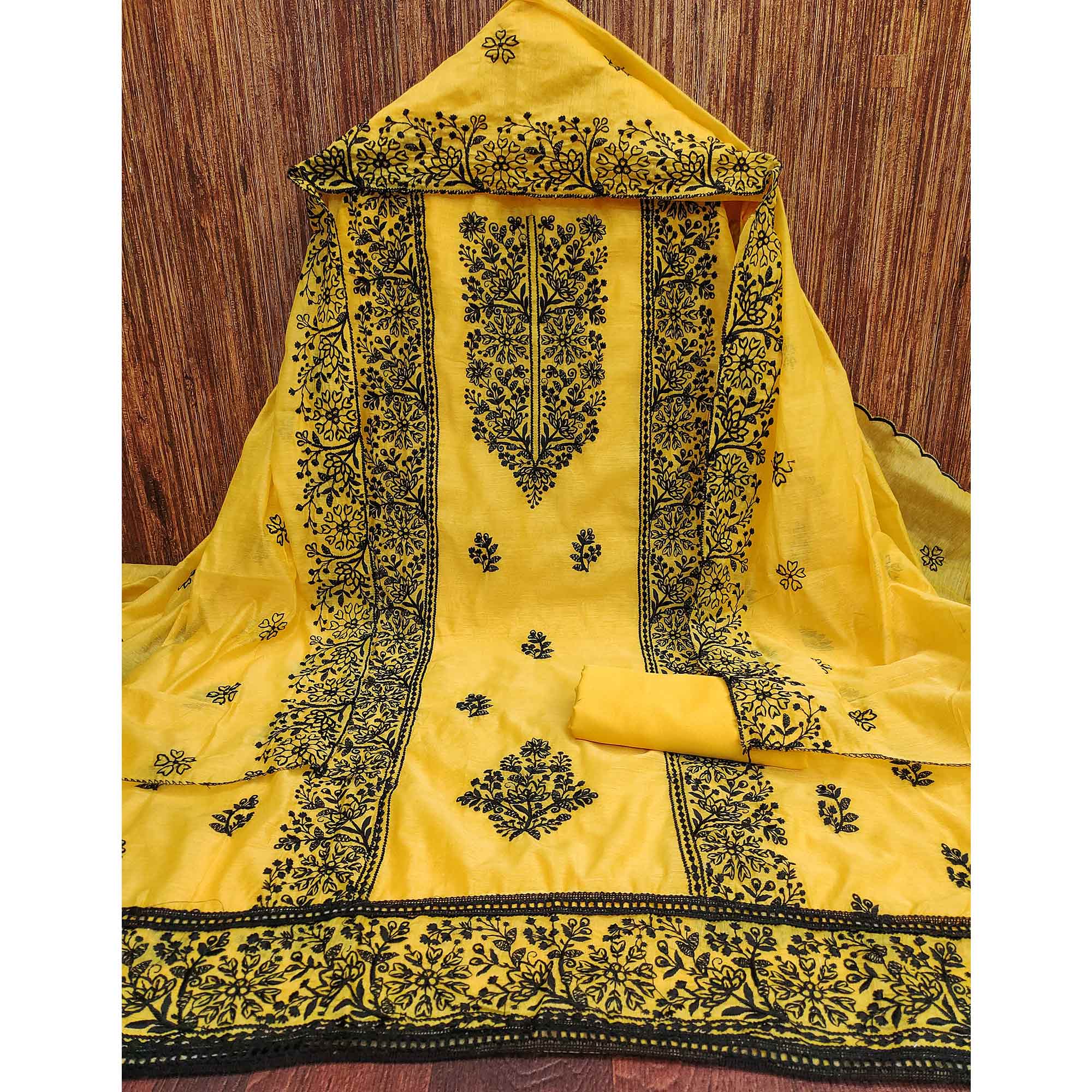 Yellow Floral Embroidered Chanderi Dress Material