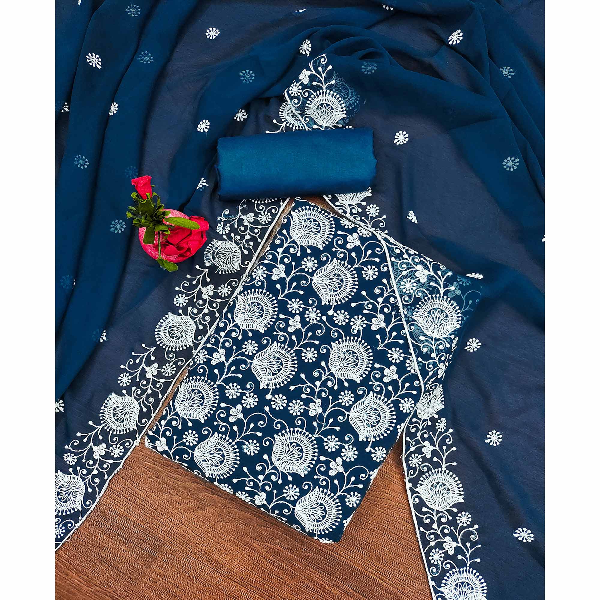 Blue Floral Embroidered Georgette Dress Material