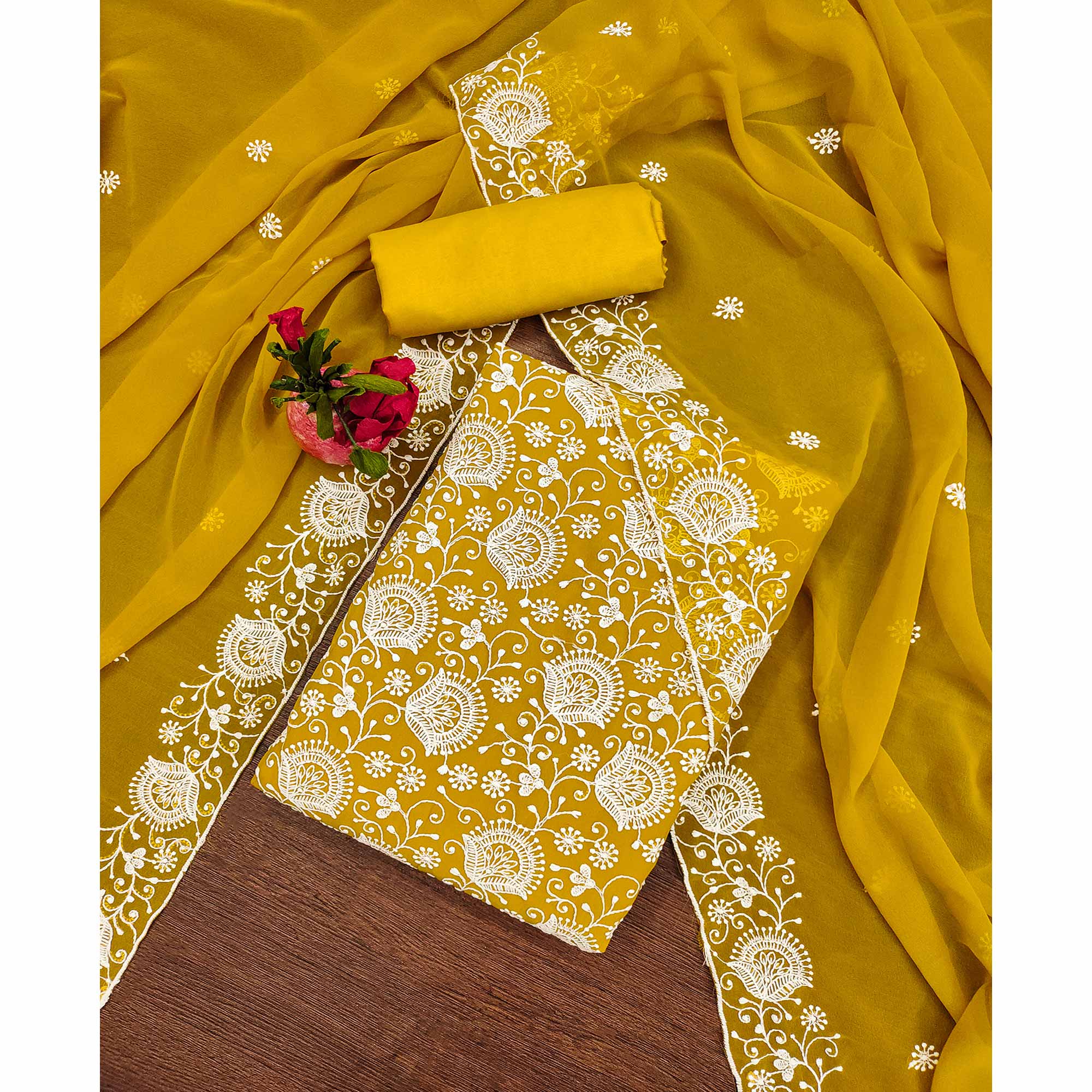 Mustard Floral Embroidered Georgette Dress Material