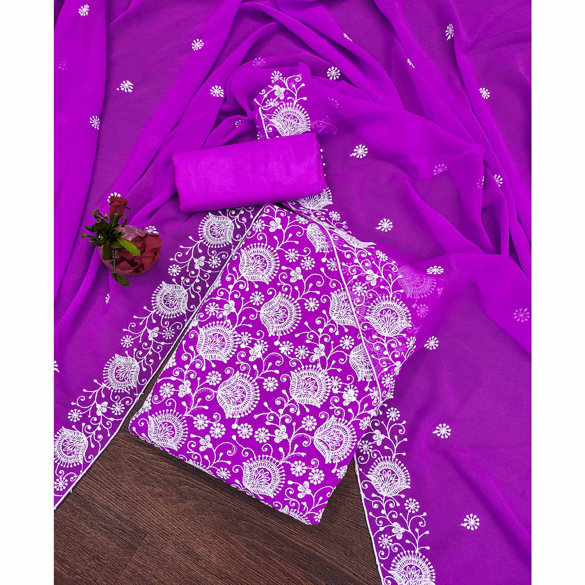 Purple Floral Embroidered Georgette Dress Material