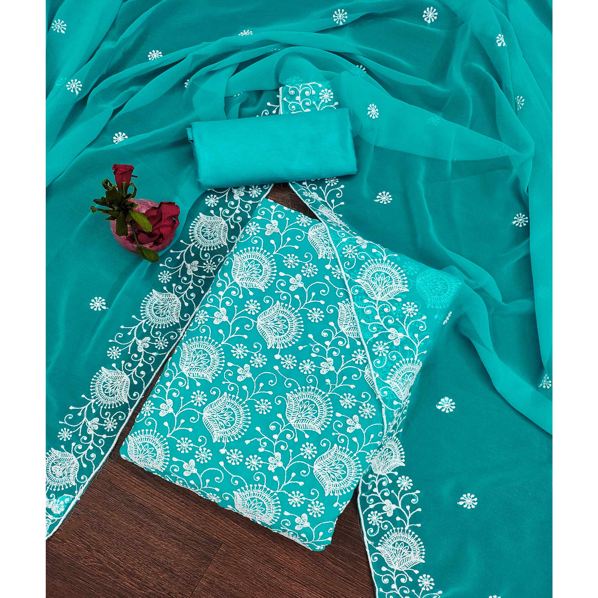 Turquoise Floral Embroidered Georgette Dress Material