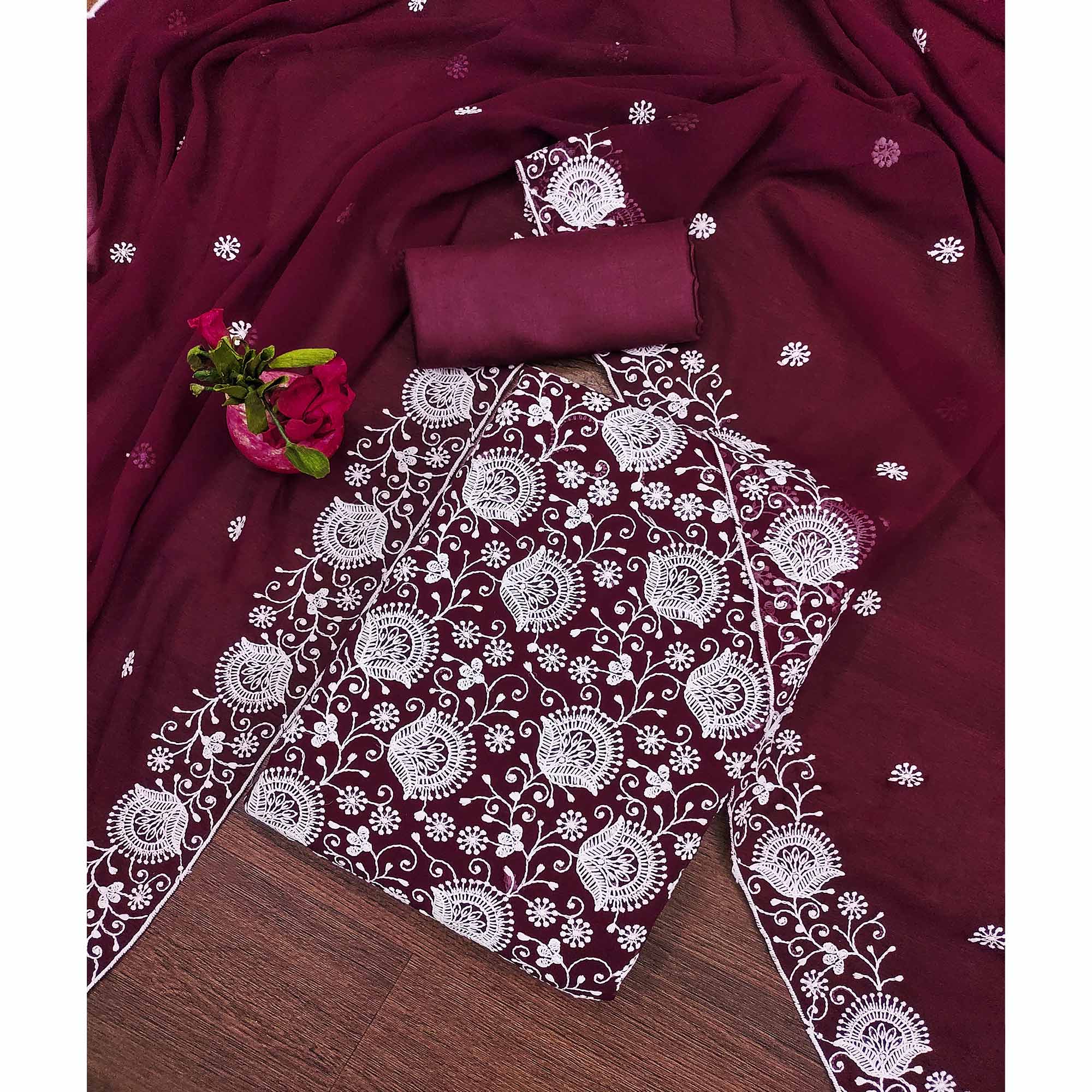 Wine Floral Embroidered Georgette Dress Material