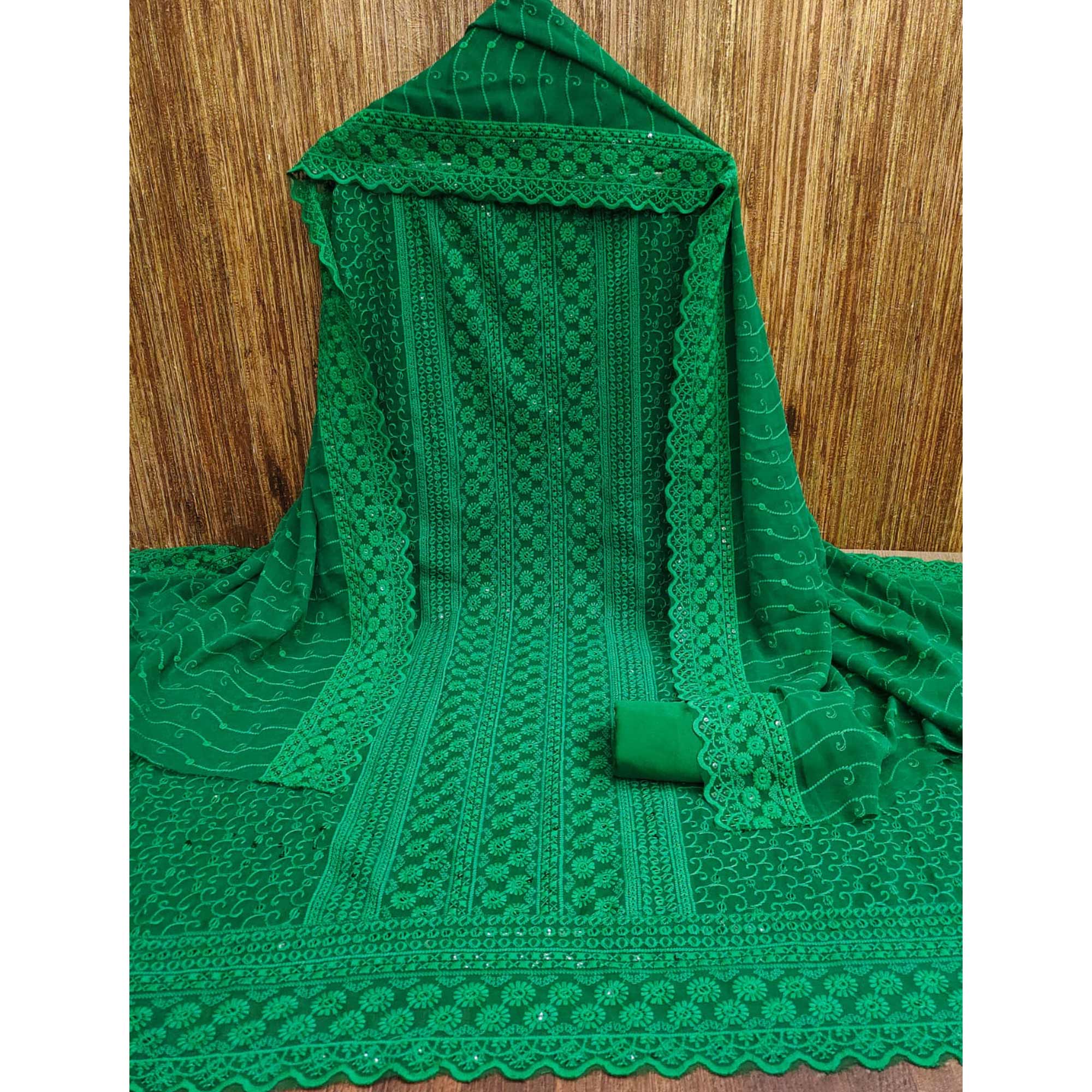 Green Floral Sequins Embroidered Georgette Dress Material