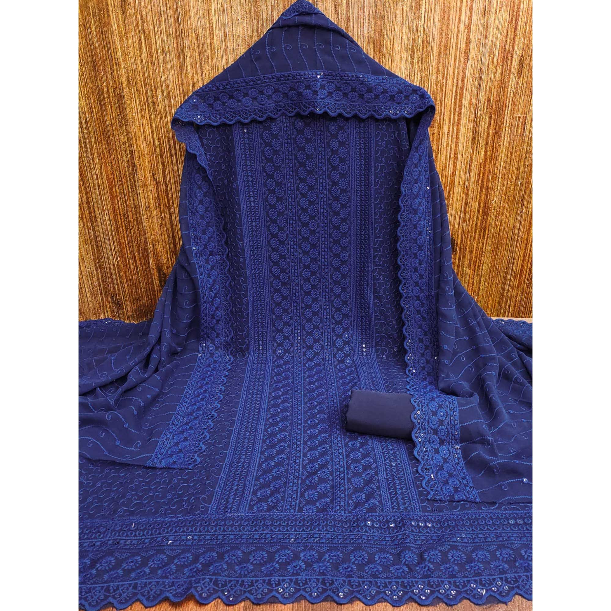 Navy Blue Floral Sequins Embroidered Georgette Dress Material