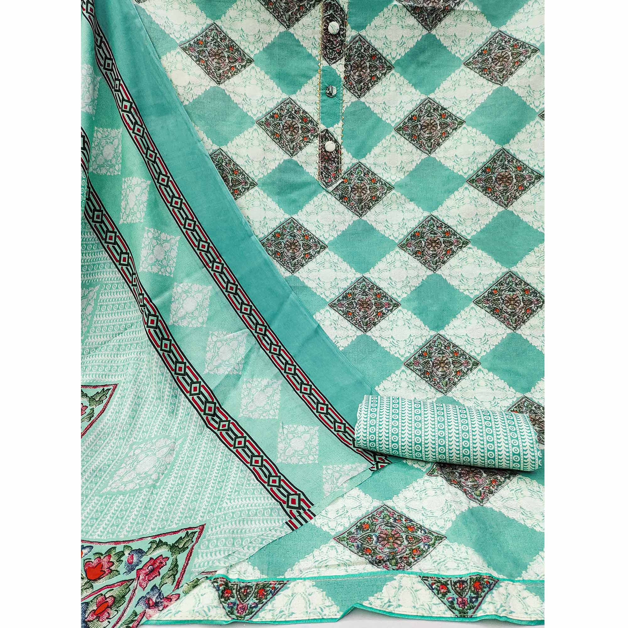 Turquoise Floral Printed Pure Cotton Dress Material