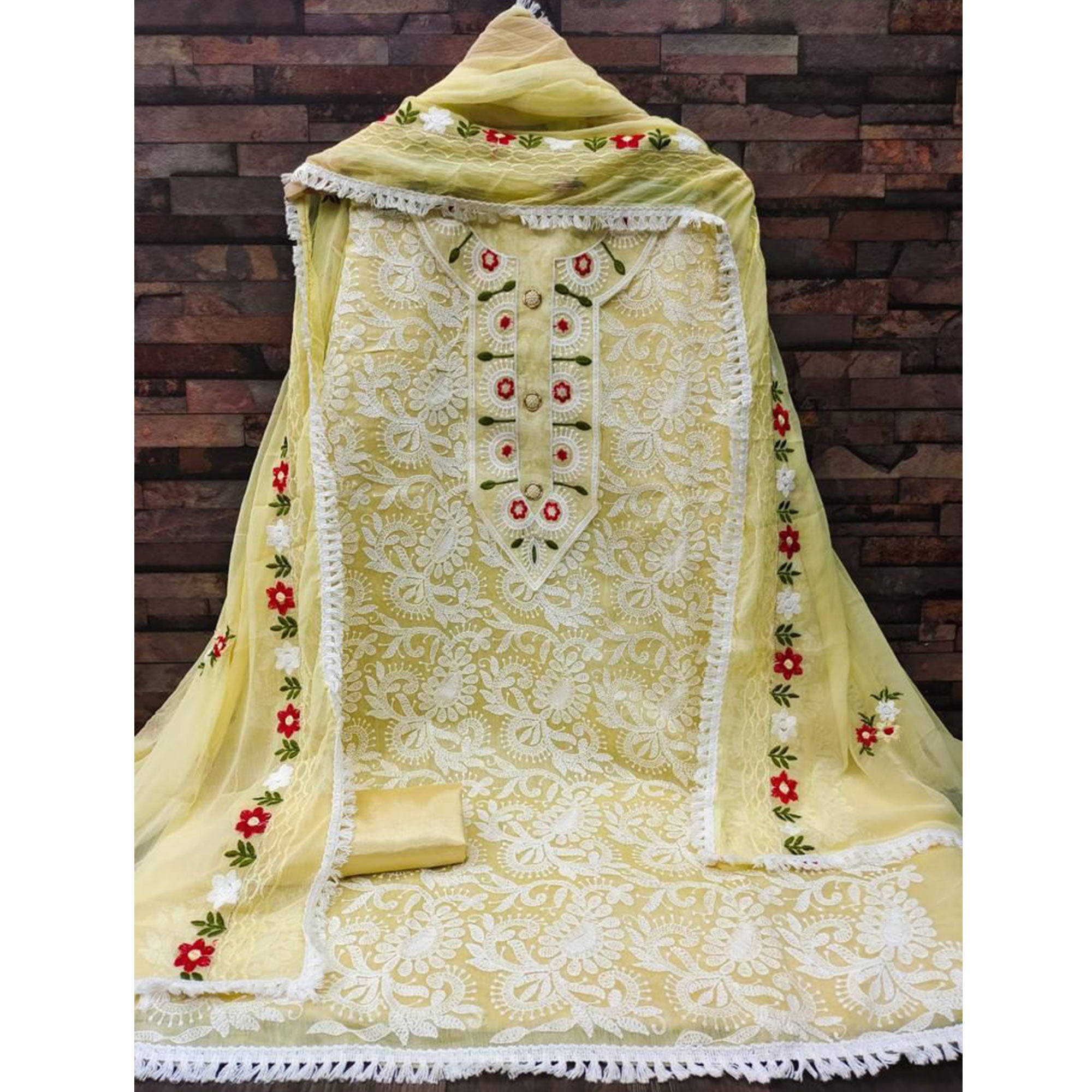 Yellow Floral Embroidered Chanderi Dress Material