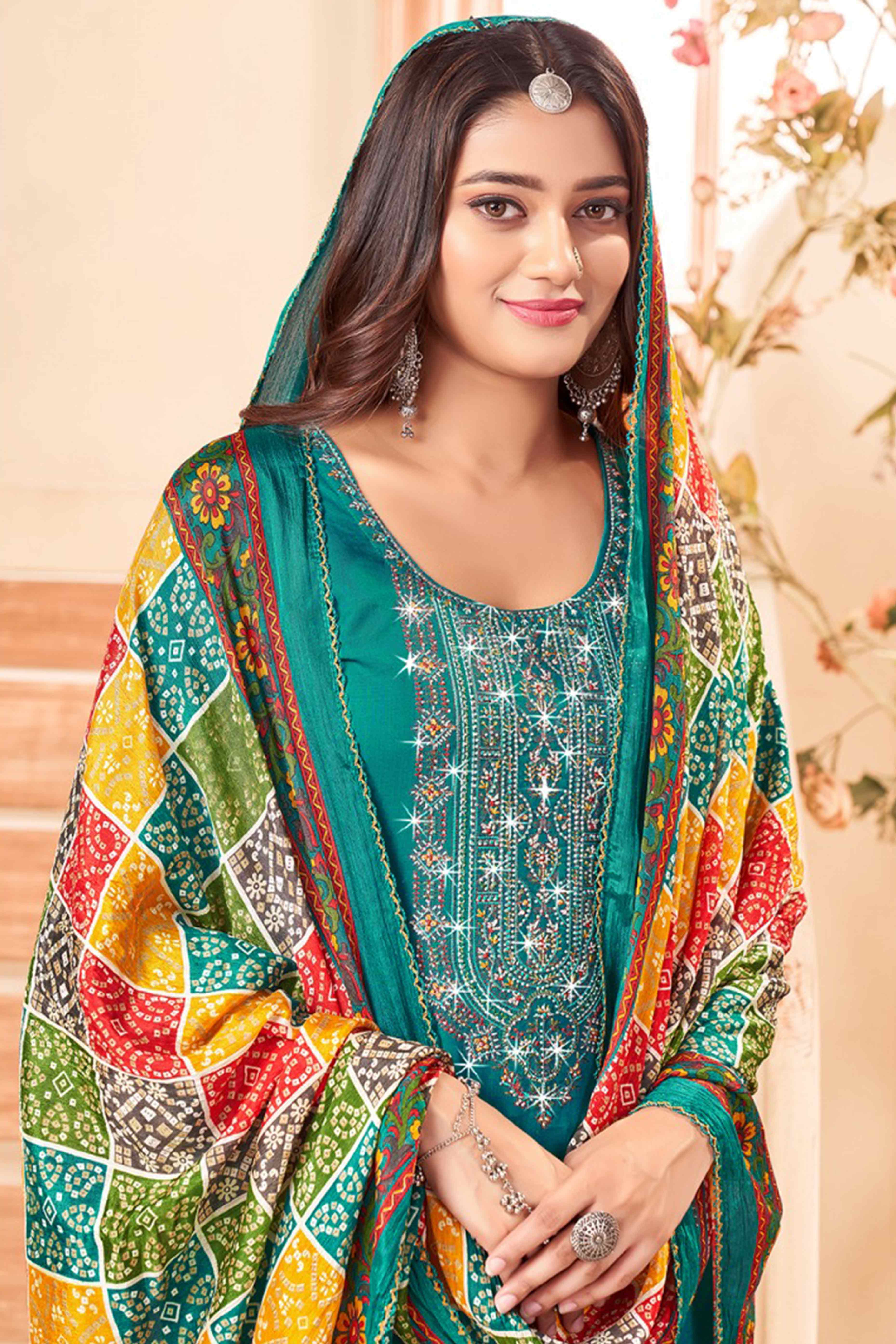 Rama Blue Embroidery With Diamond Rayon Dress Material