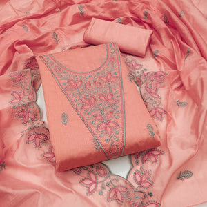 Dark Peach Floral Embroidered Chanderi Dress Material