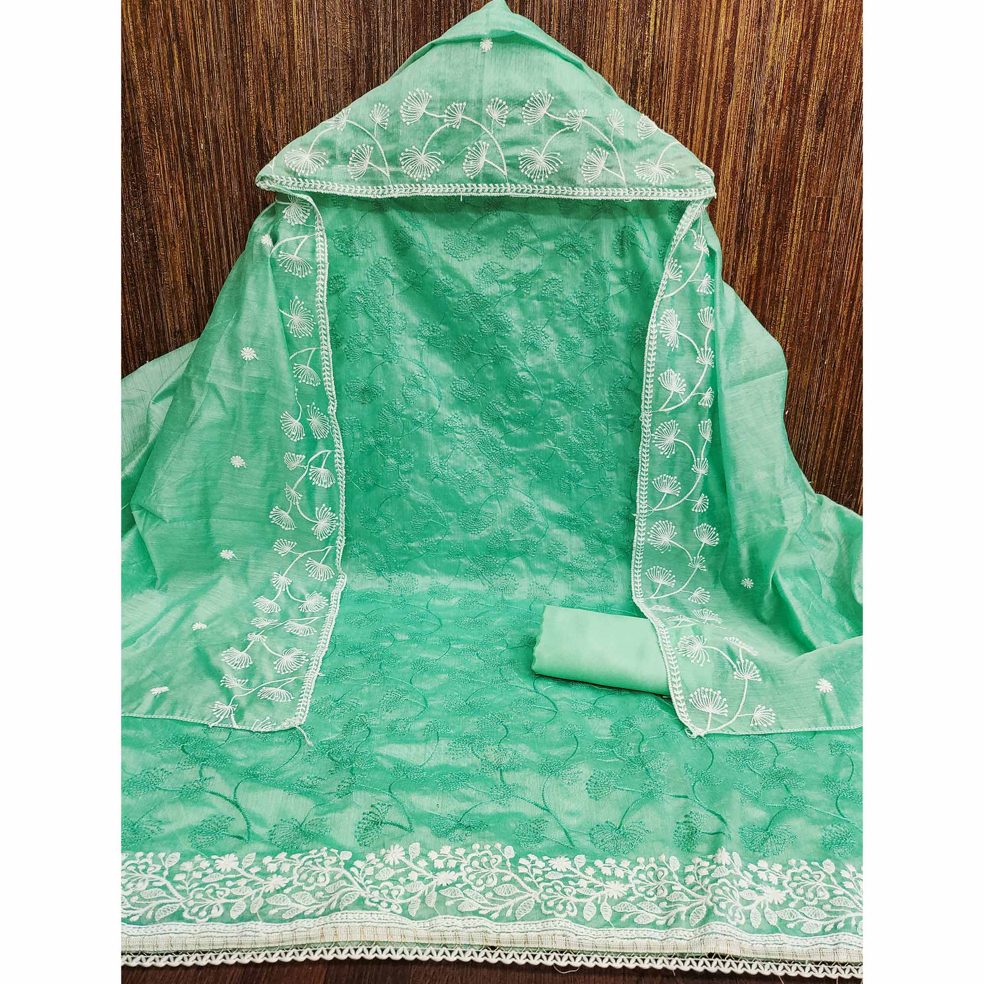 Sea Green Floral Embroidered Chanderi Dress Material