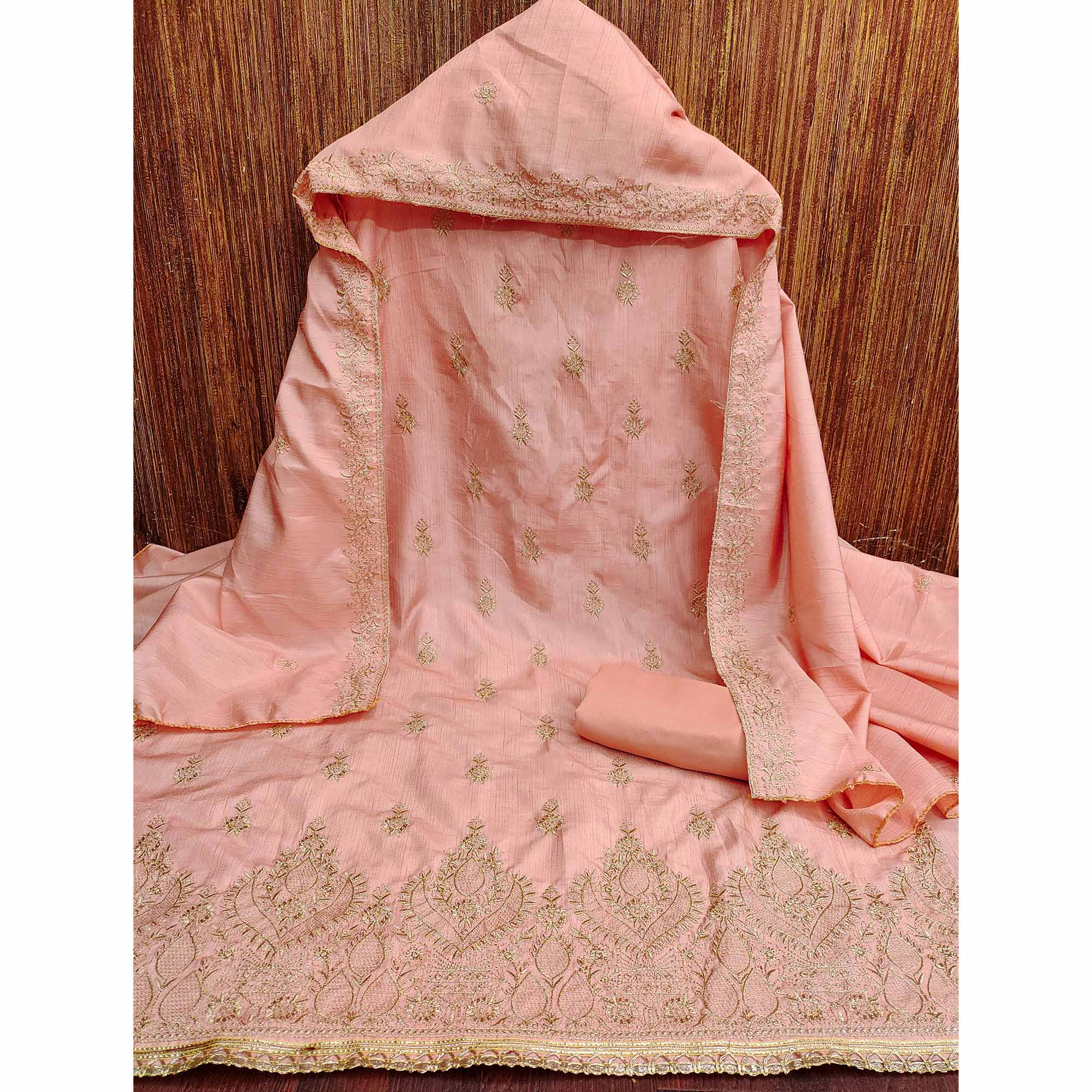 Peach Floral Embroidered Cotton Blend Dress Material