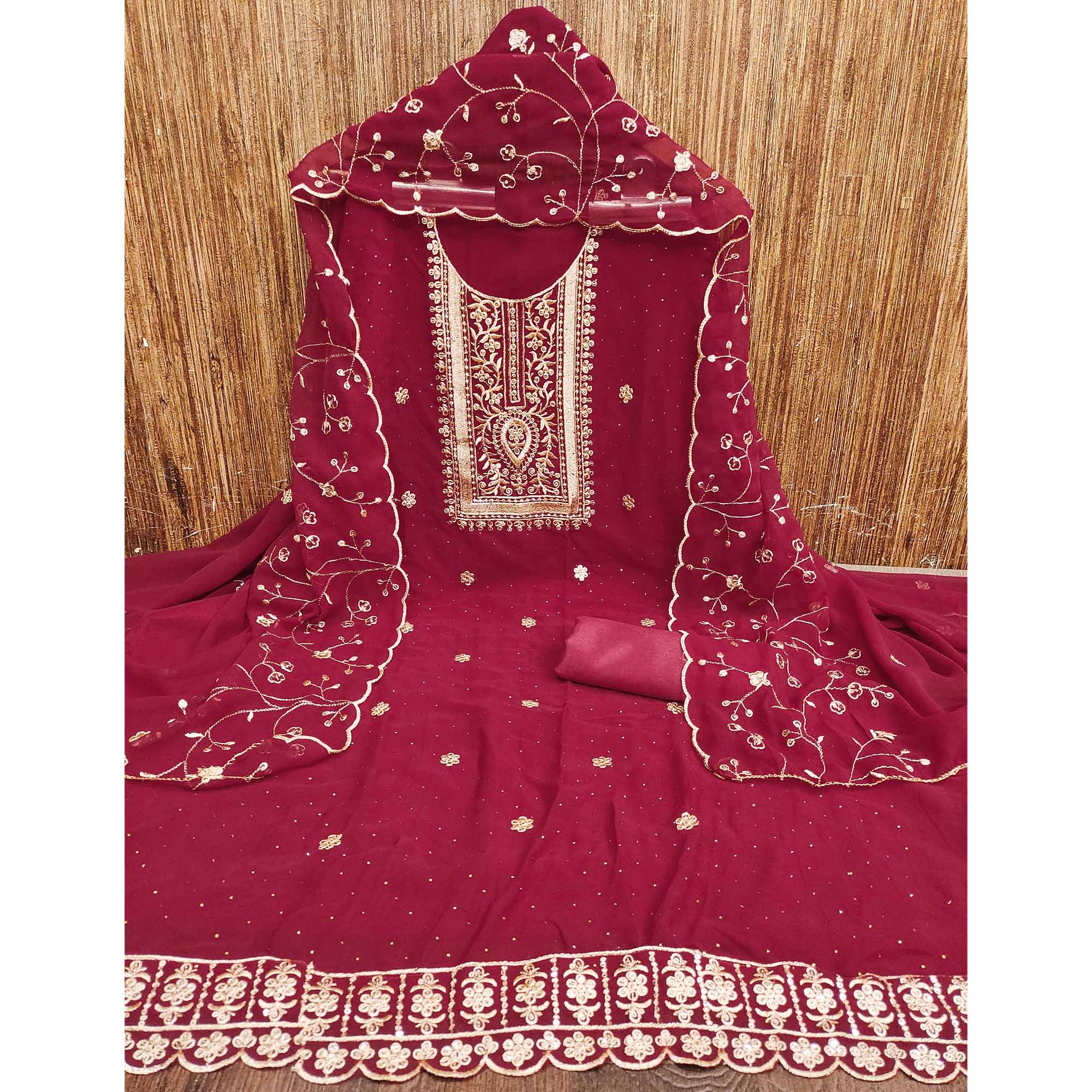 Maroon Floral Embroidery With Stonework Georgette Dress Material