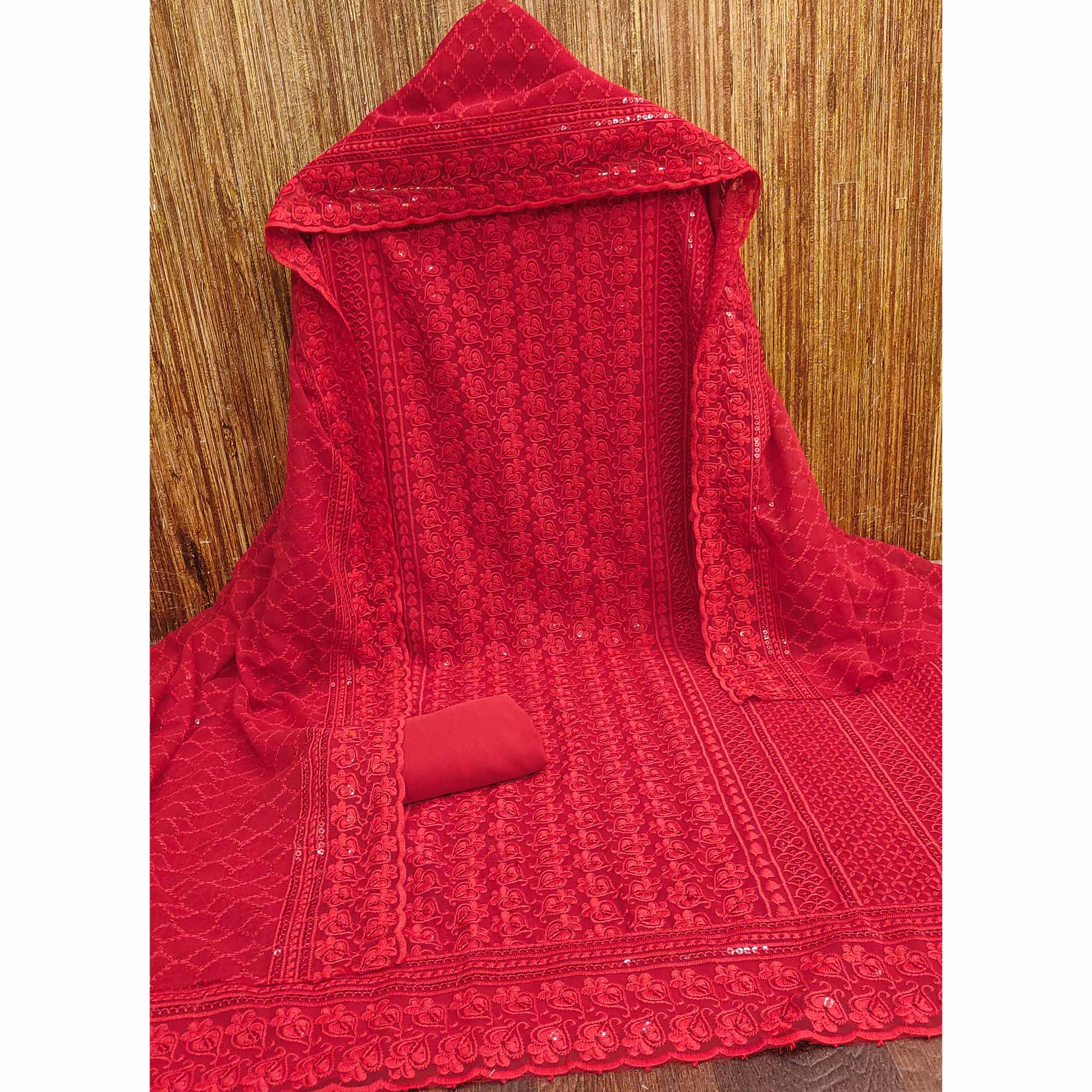 Red Sequins Embroidered Georgette Dress Material