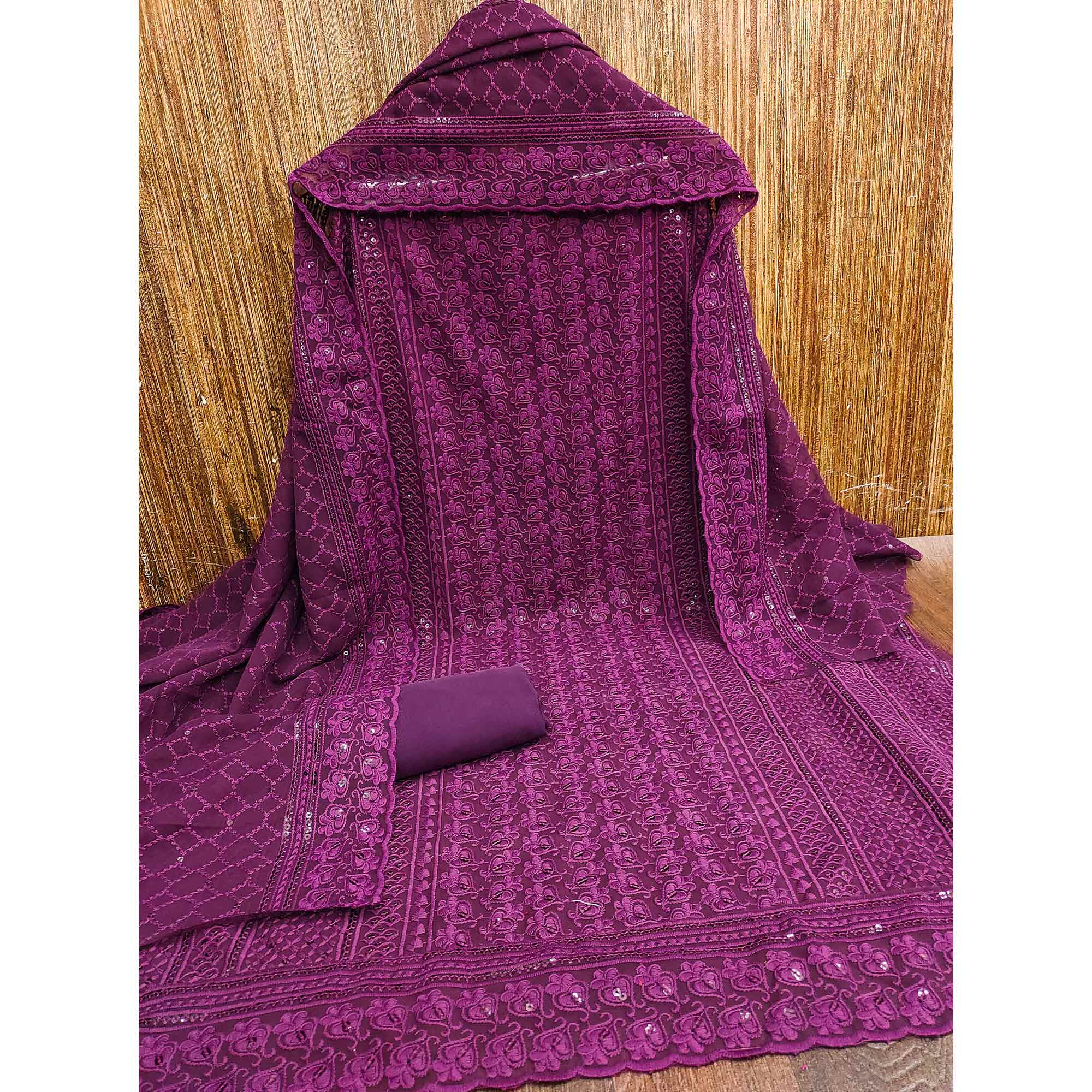 Wine Sequins Embroidered Georgette Dress Material