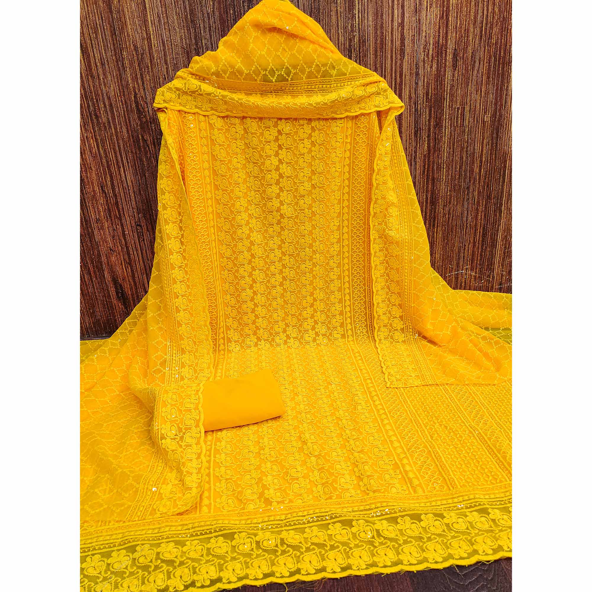 Yellow Sequins Embroidered Georgette Dress Material