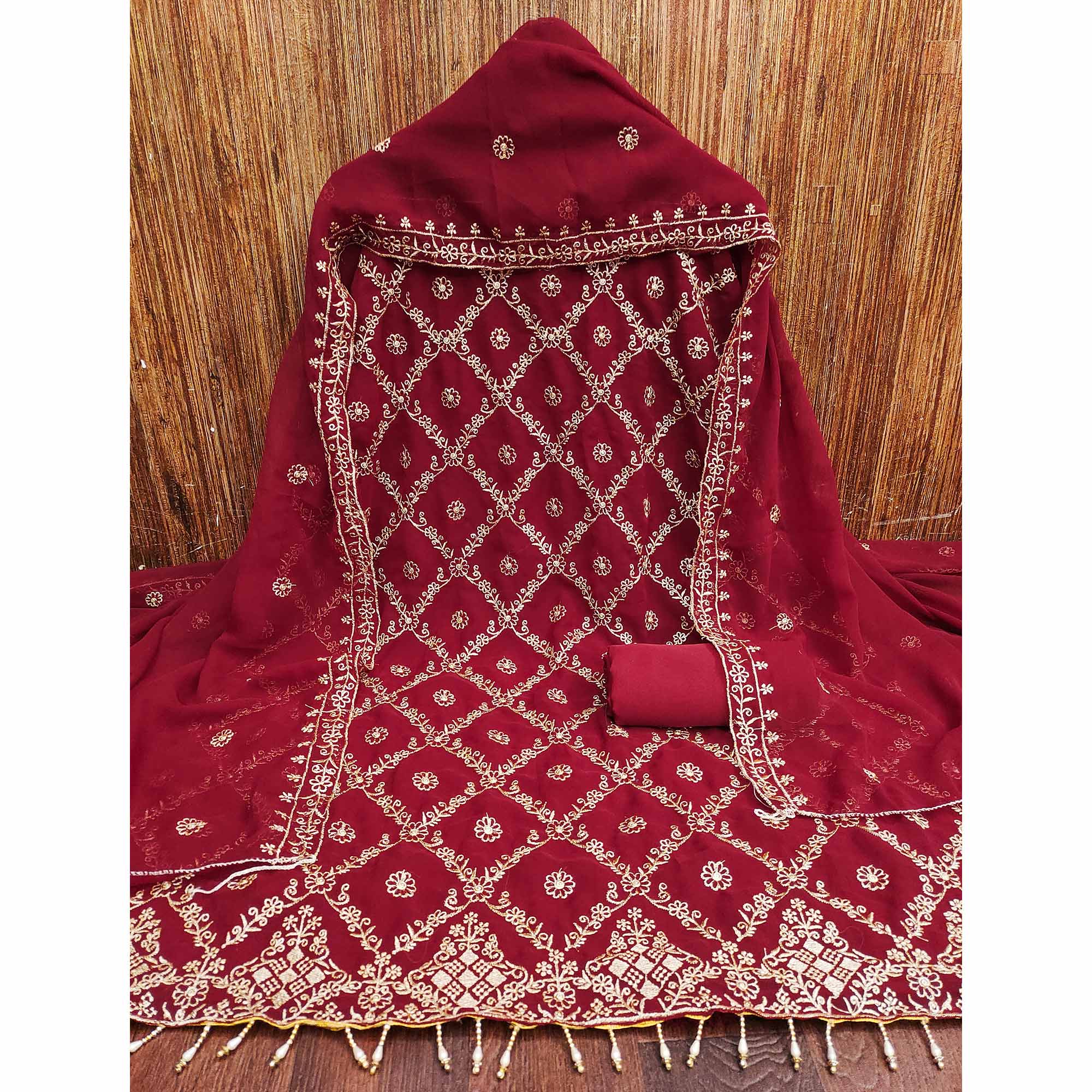 Drape Yourself In Luxury Maroon Floral Embroidered Georgette Dress Material