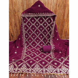 A Mesmerizing Creation Wine Floral Embroidered Georgette Dress Material