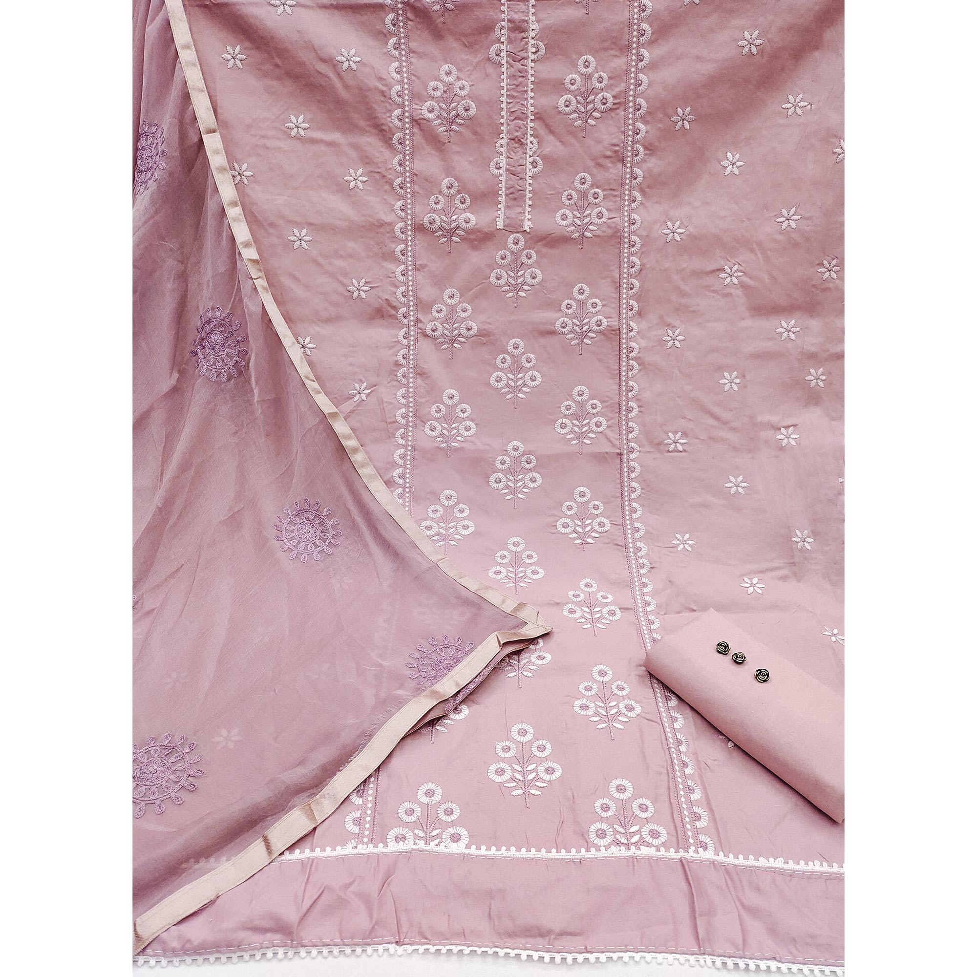 A Timeless Beauty Light Mauve Floral Thread Embroidered Cotton Blend Dress Material