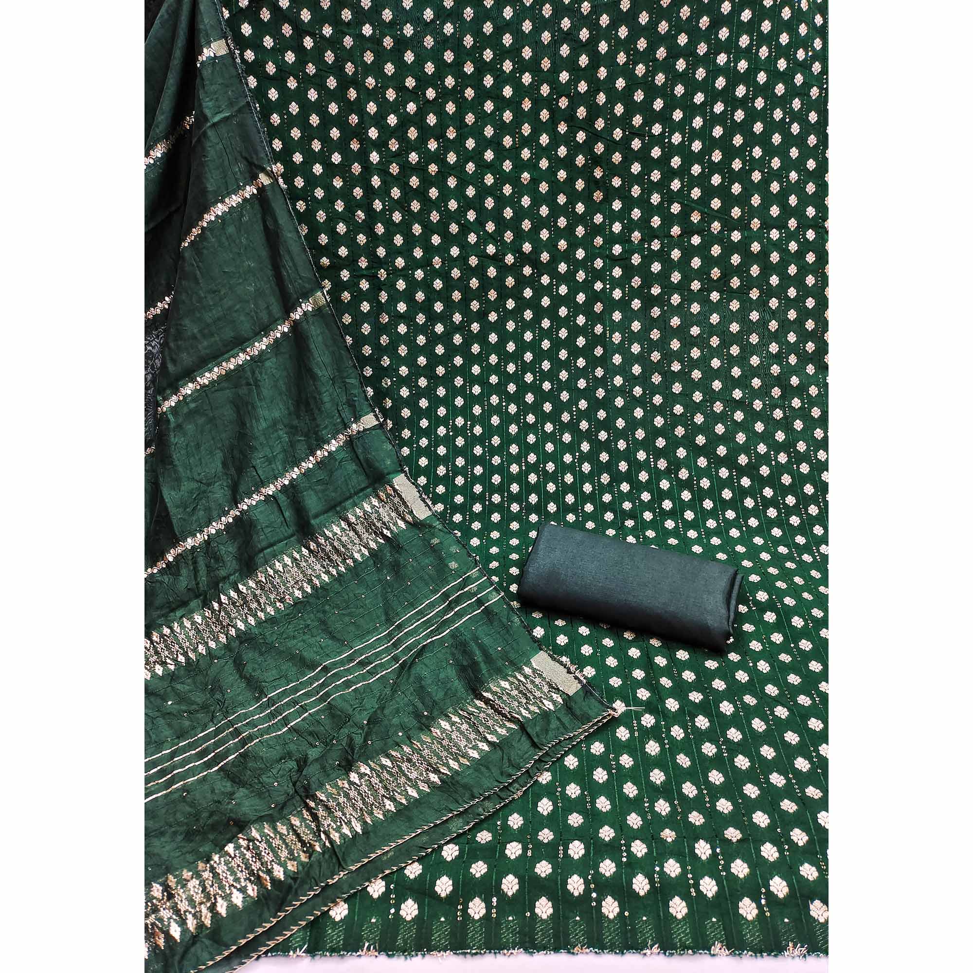 Experience Sheer Luxury Green Floral Woven With Sequins Embroidered Banarasi Jacquard Dress Material