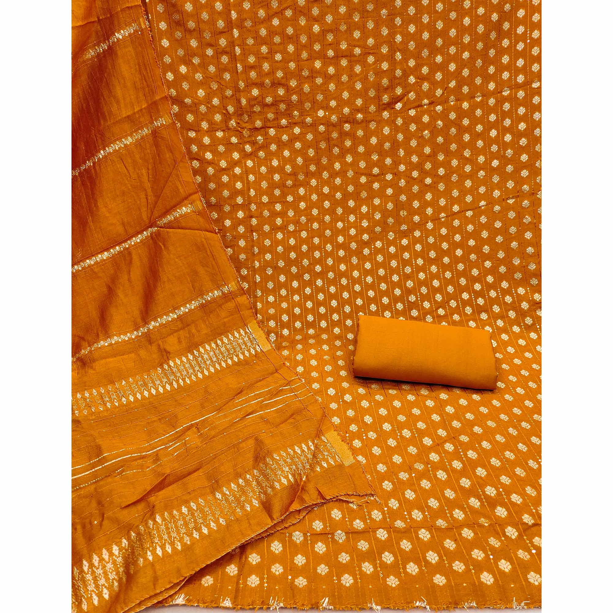 Redefine Elegance with this Mustard Floral Woven With Sequins Embroidered Banarasi Jacquard Dress Material