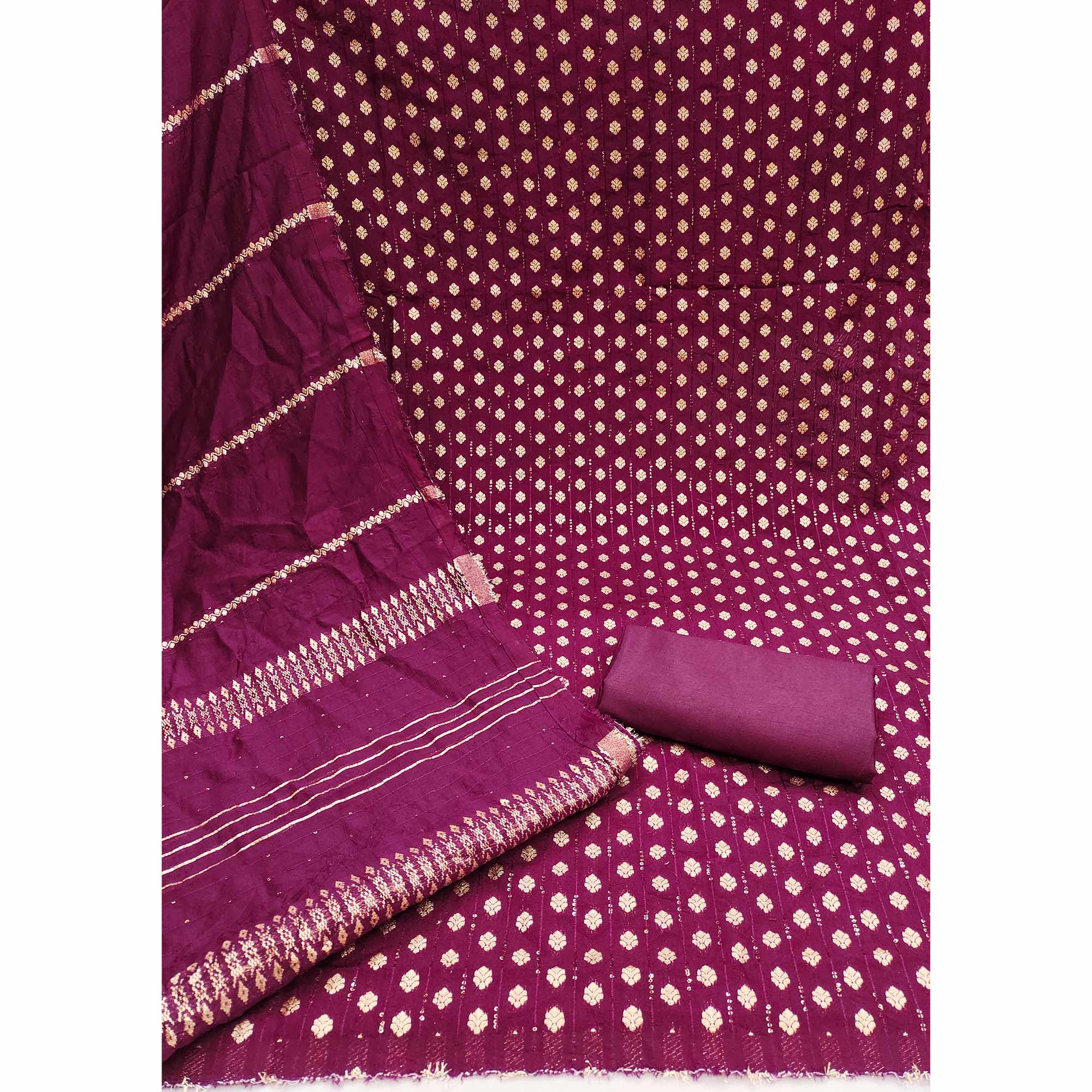 The Perfect Blend of Grace Wine Floral Woven With Sequins Embroidered Banarasi Jacquard Dress Material