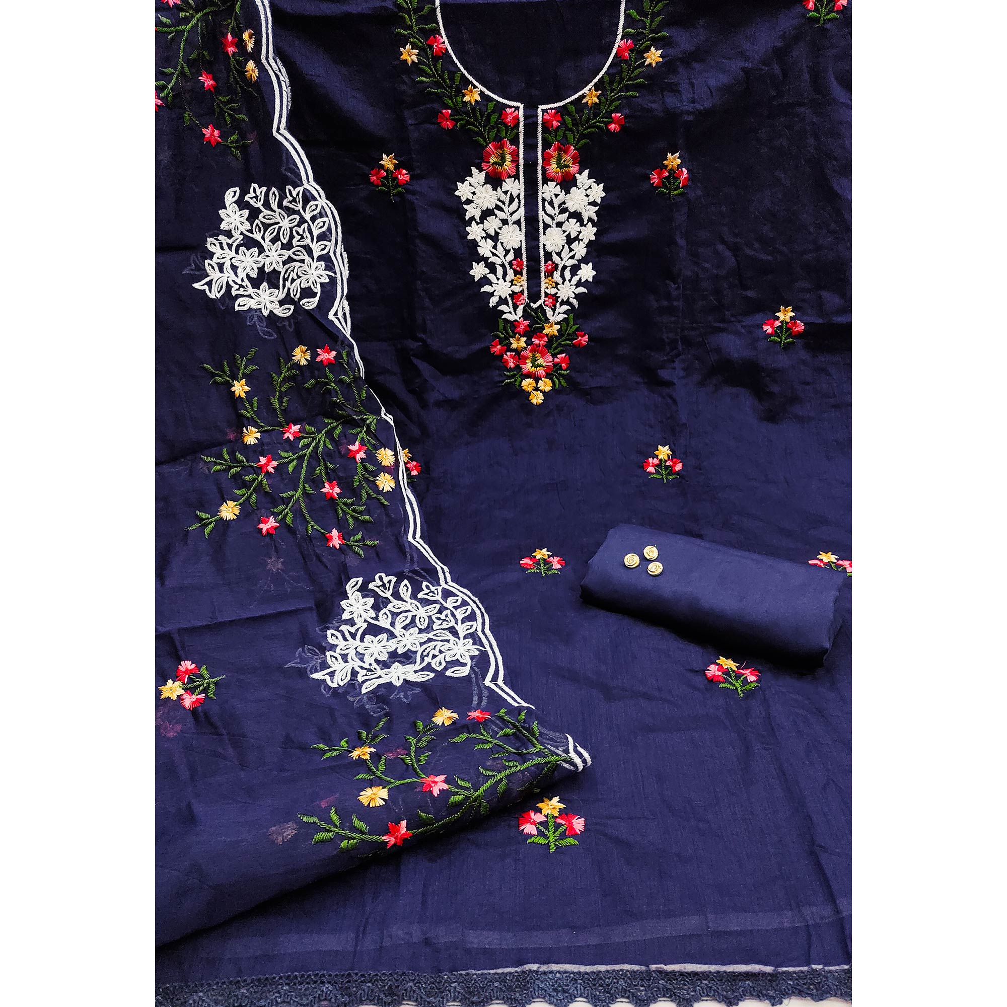 Redefine Elegance with this Navy Blue Floral Sequins Embroidered Chanderi Dress Material