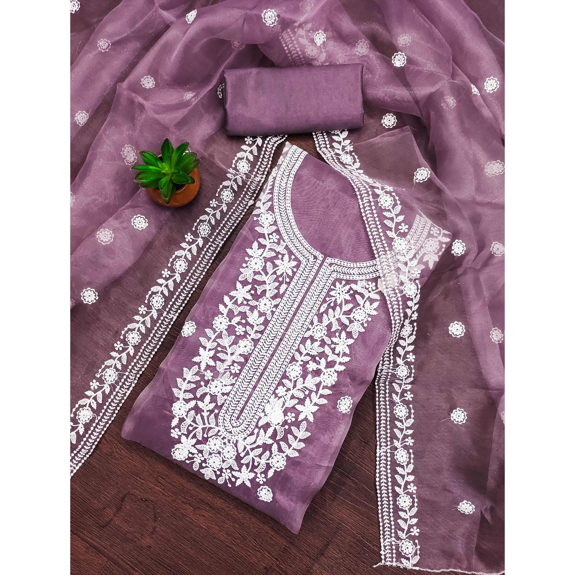 An Ethereal Charm Purple Floral Thread Embroidered Organza Dress Material