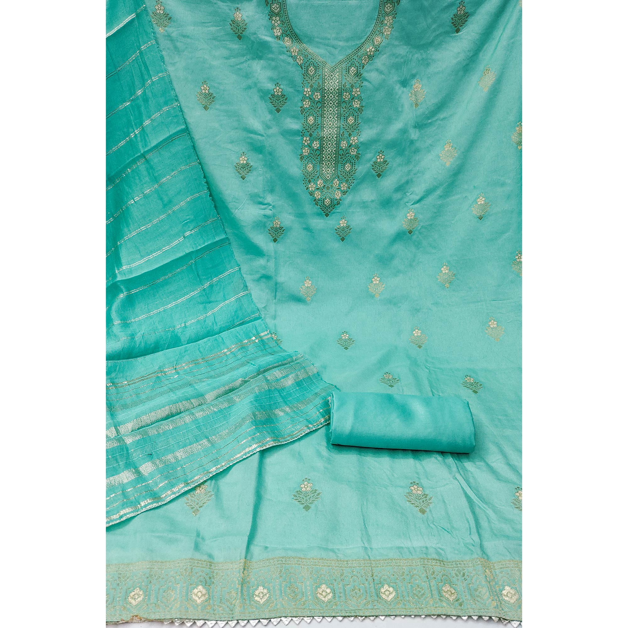 Ethereal Turquoise Banarasi Jacquard Dress Material Adorned With Ornate Zari Floral Weaves