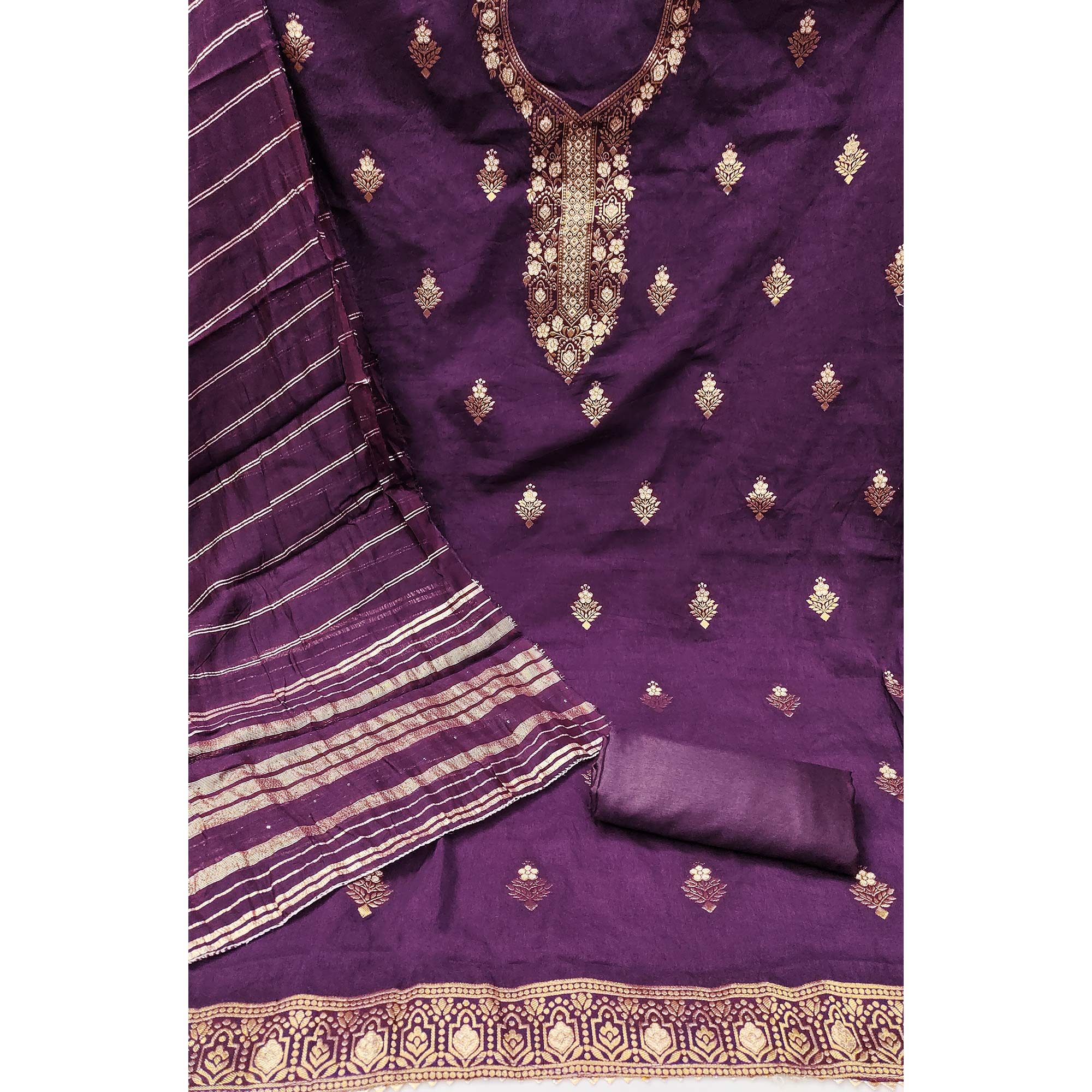 Elegant Royal Wine Banarasi Jacquard Dress Material Adorned With Ornate Zari Floral Weaves