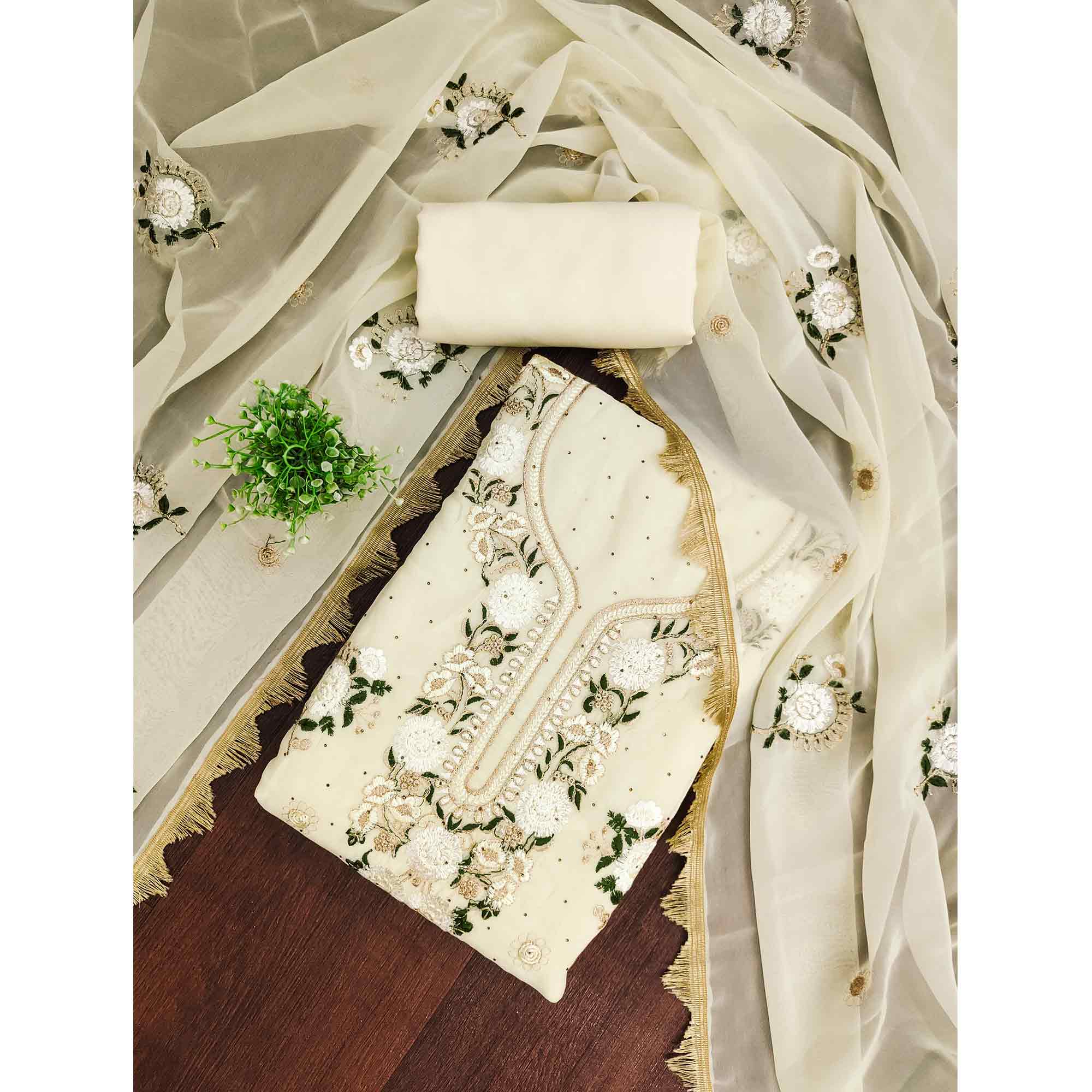 Cream Georgette Dress Material With Exquisite Floral Embroidery & Shimmering Stonework