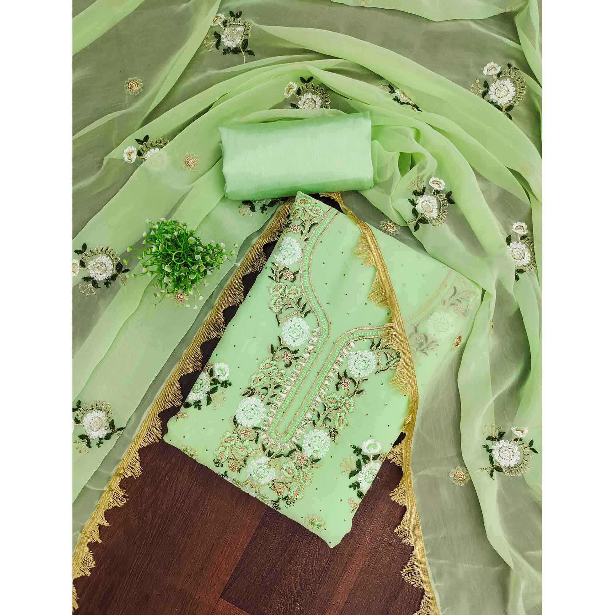 Pista Green Georgette Dress Material With Exquisite Floral Embroidery & Shimmering Stonework