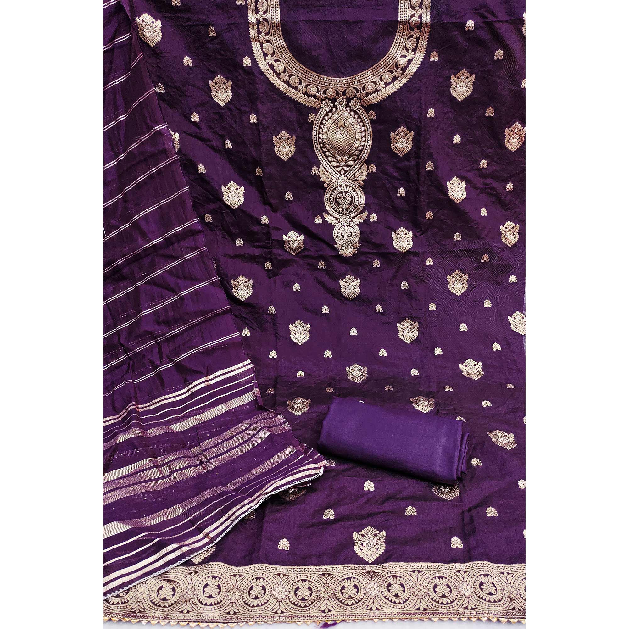 Purple Banarasi Silk Dress Material With Classic Zari Design