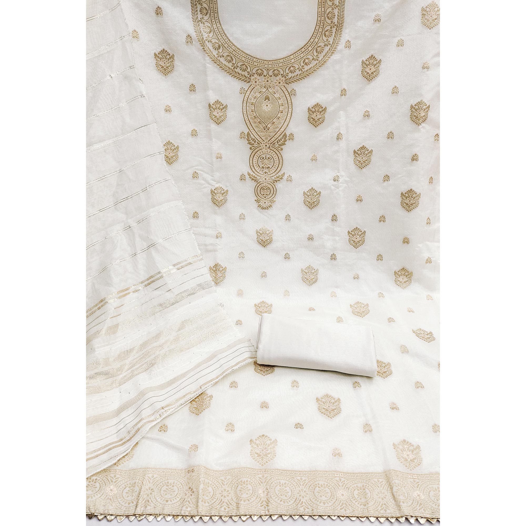 White Banarasi Silk Dress Material With Classic Zari Design