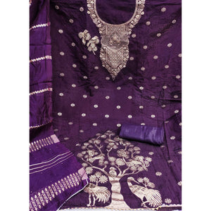 Purple Banarasi Silk Dress Material With Classic Zari Design