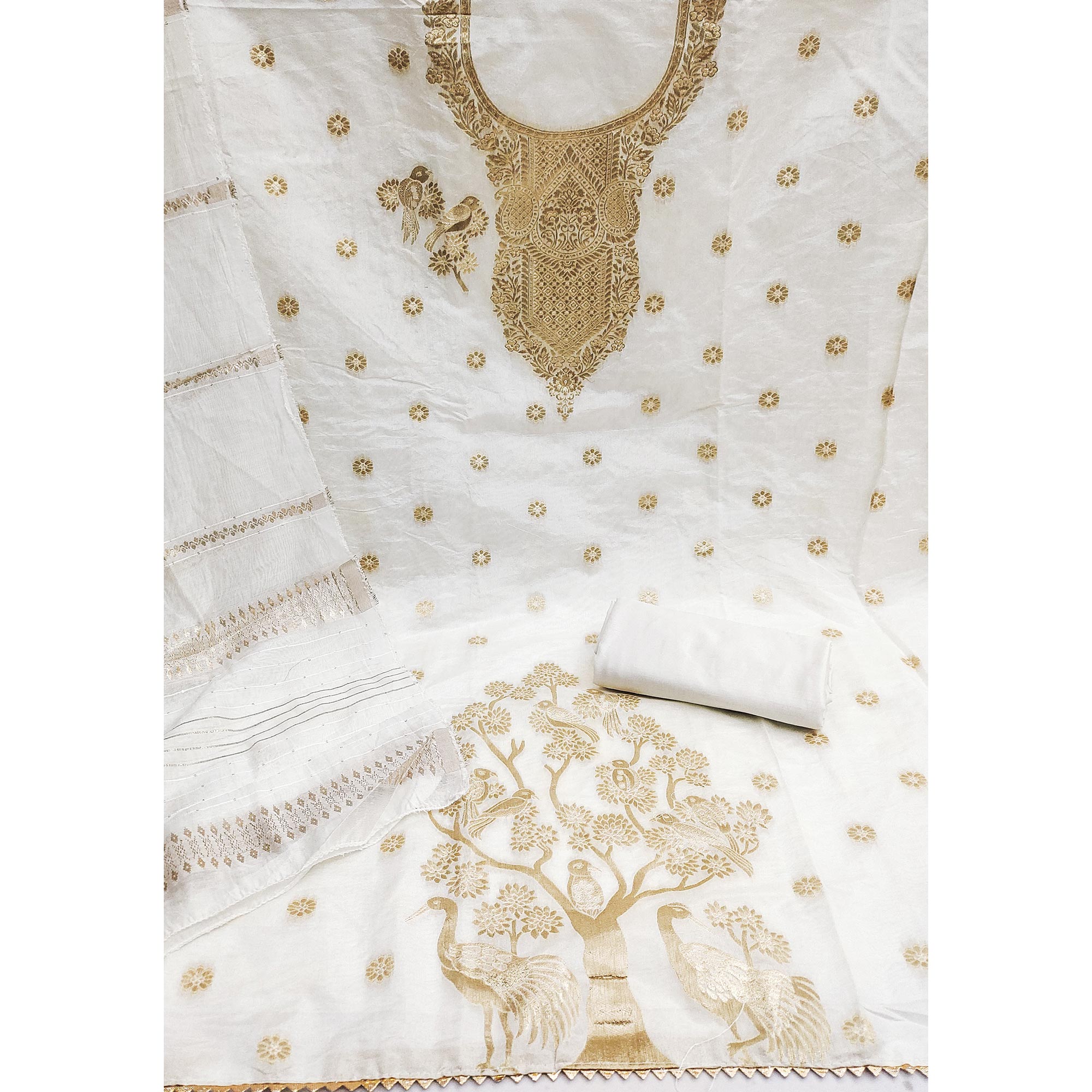 White Banarasi Silk Dress Material With Classic Zari Design